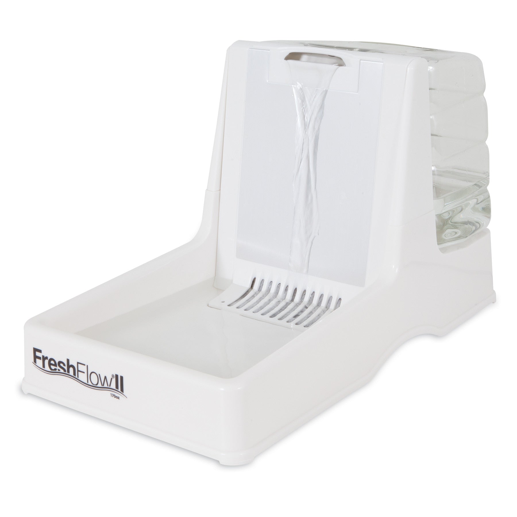Discover the Pet-mates Fresh Flow II Dog & Cat Water Fountain, boasting an elegant no-splash waterslide design and a detachable reservoir. Your pet will relish smoothly cascading filtered water, guaranteeing freshness with each sip.