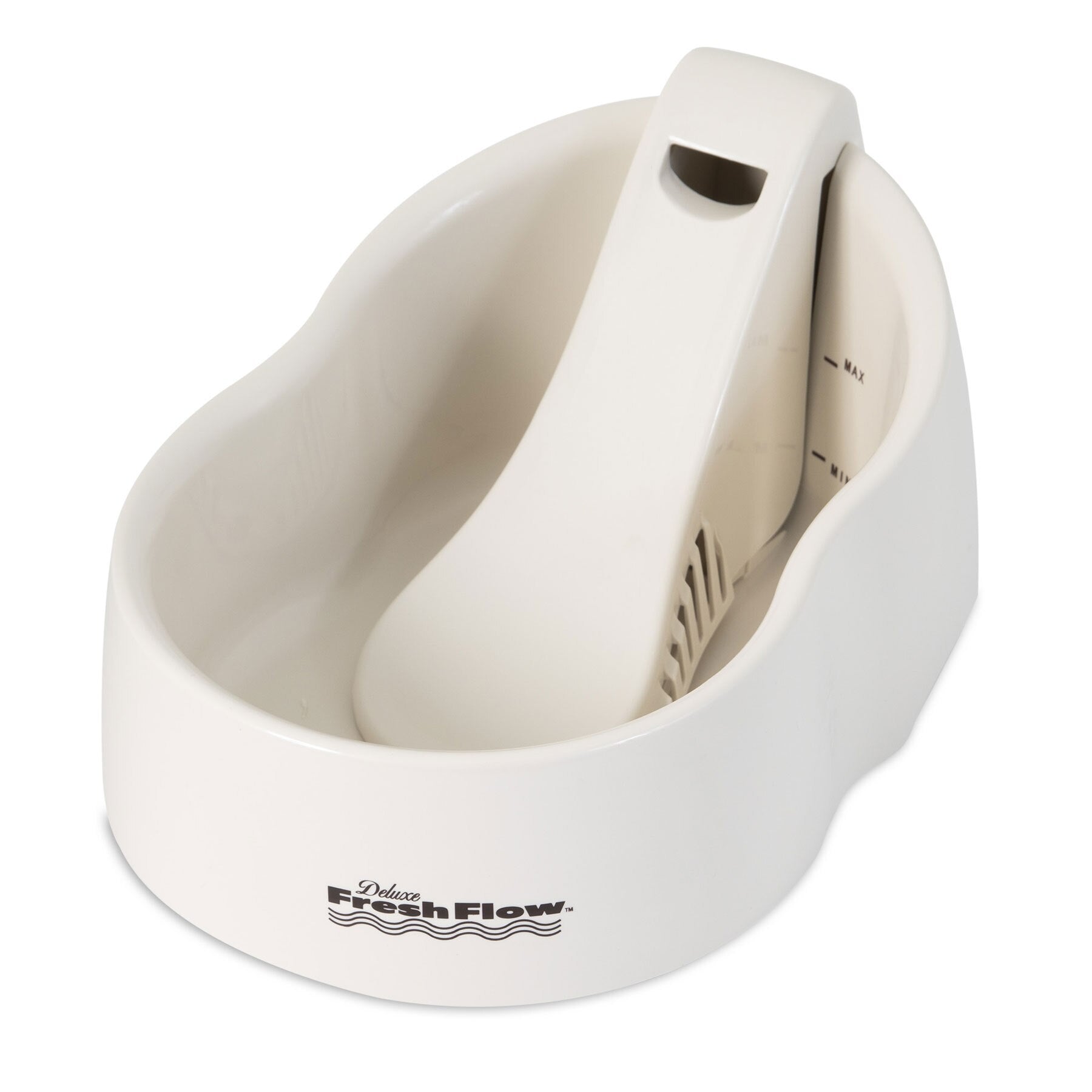 The Pet-mates Deluxe Fresh Flow Fountain for Cats, by Pet-mates, features a white sloping design with a rear water spout that provides filtered water to promote optimal pet health.