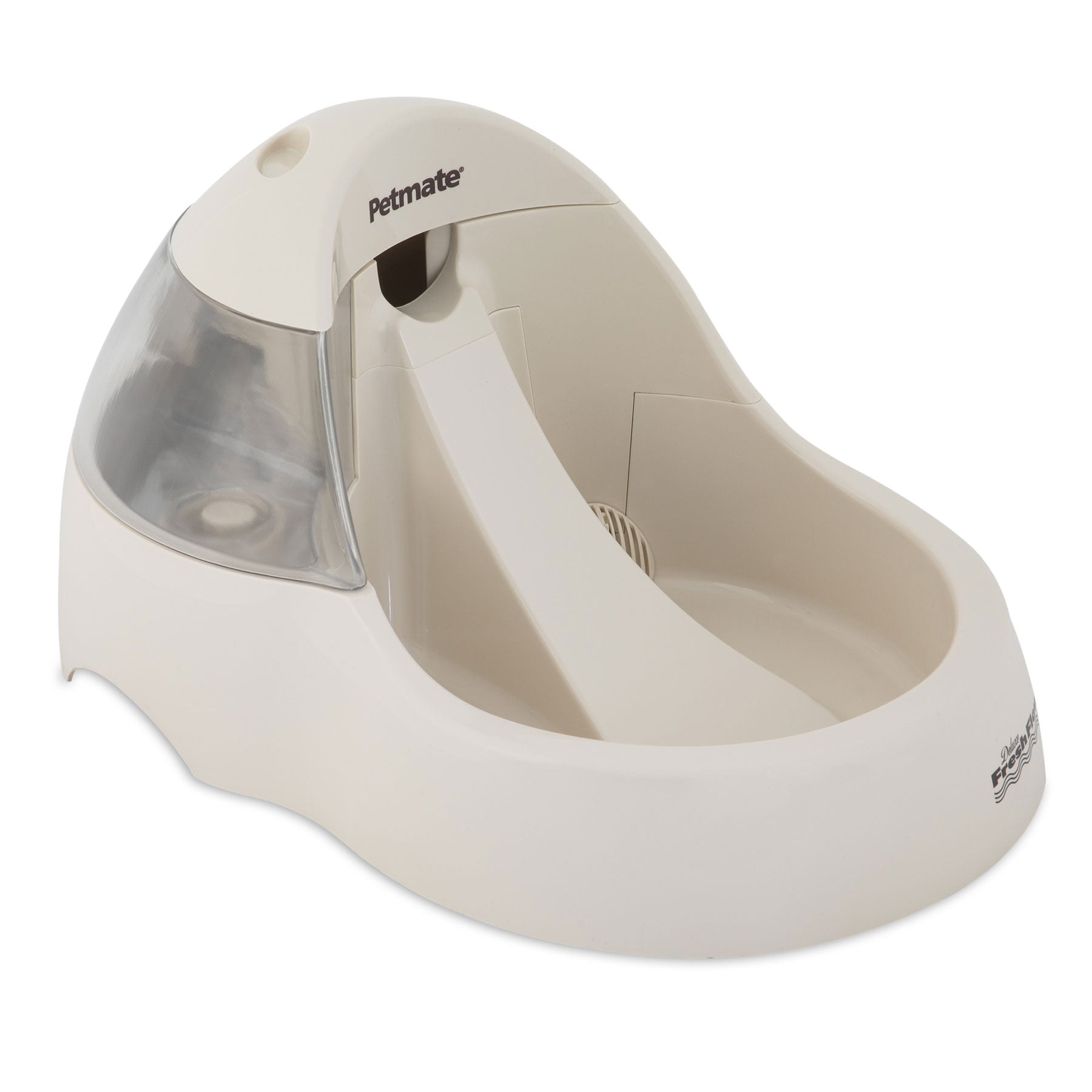 The Pet-mates Deluxe Fresh Flow Pet Water Fountain in white features an automatic water bowl, a sloped drinking surface, and a side reservoir with a charcoal filter for clean water.