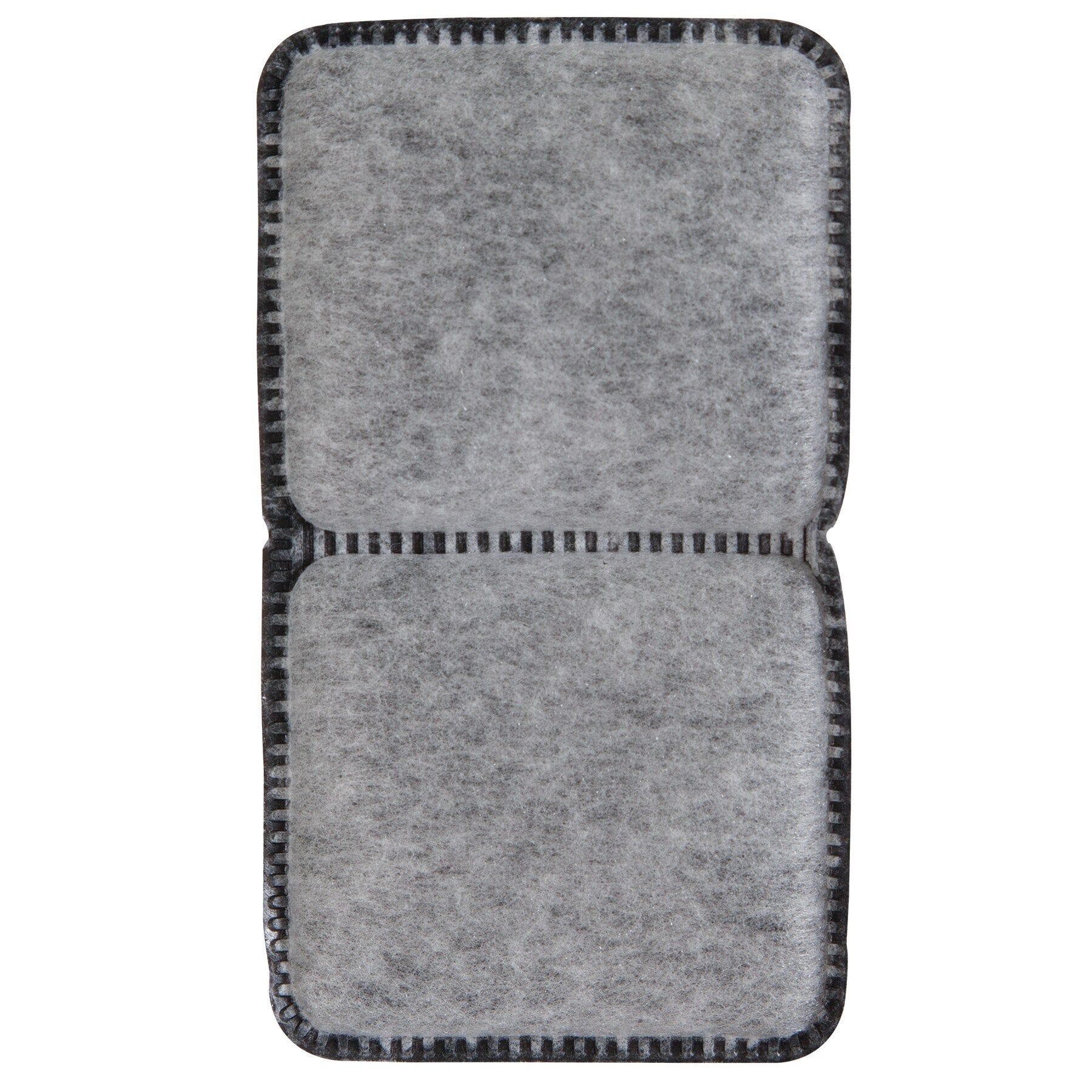 The Pet-mates Fresh Flow Replacement Charcoal Filter by Pet-mates is a rectangular, gray, felt-like filter with two sections and black, stitched edges featuring a grid pattern. Its soft, fibrous texture resembles charcoal filters and is ideal as replacement filters for pet water fountains.
