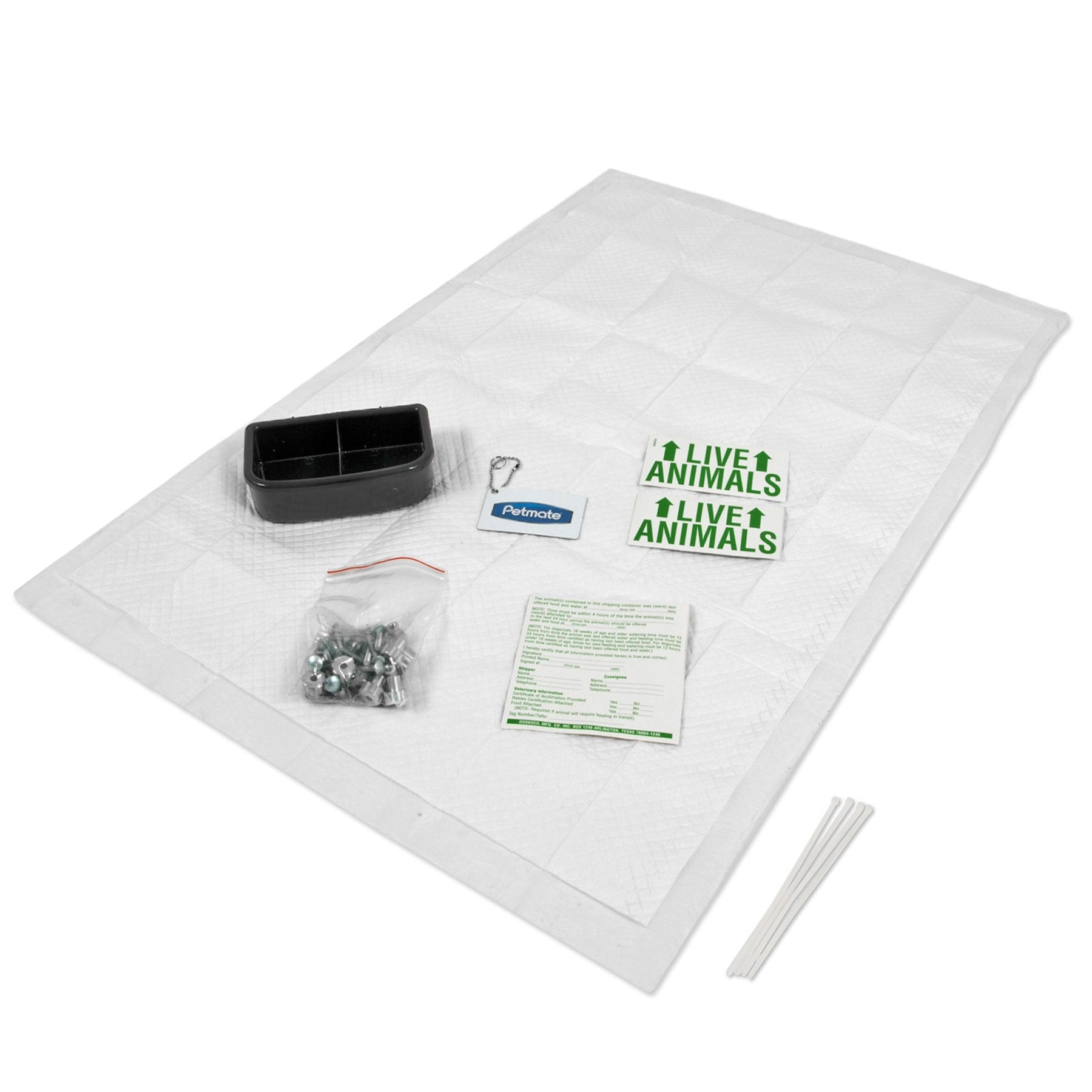 The Pet-mates Kennel Airline Travel Kit by Pet-mates is perfect for airline travel, including a cushioned pad, black plastic bowl, metal nuts and bolts, keychain, zipties, instructions, and two green Live Animals stickers.