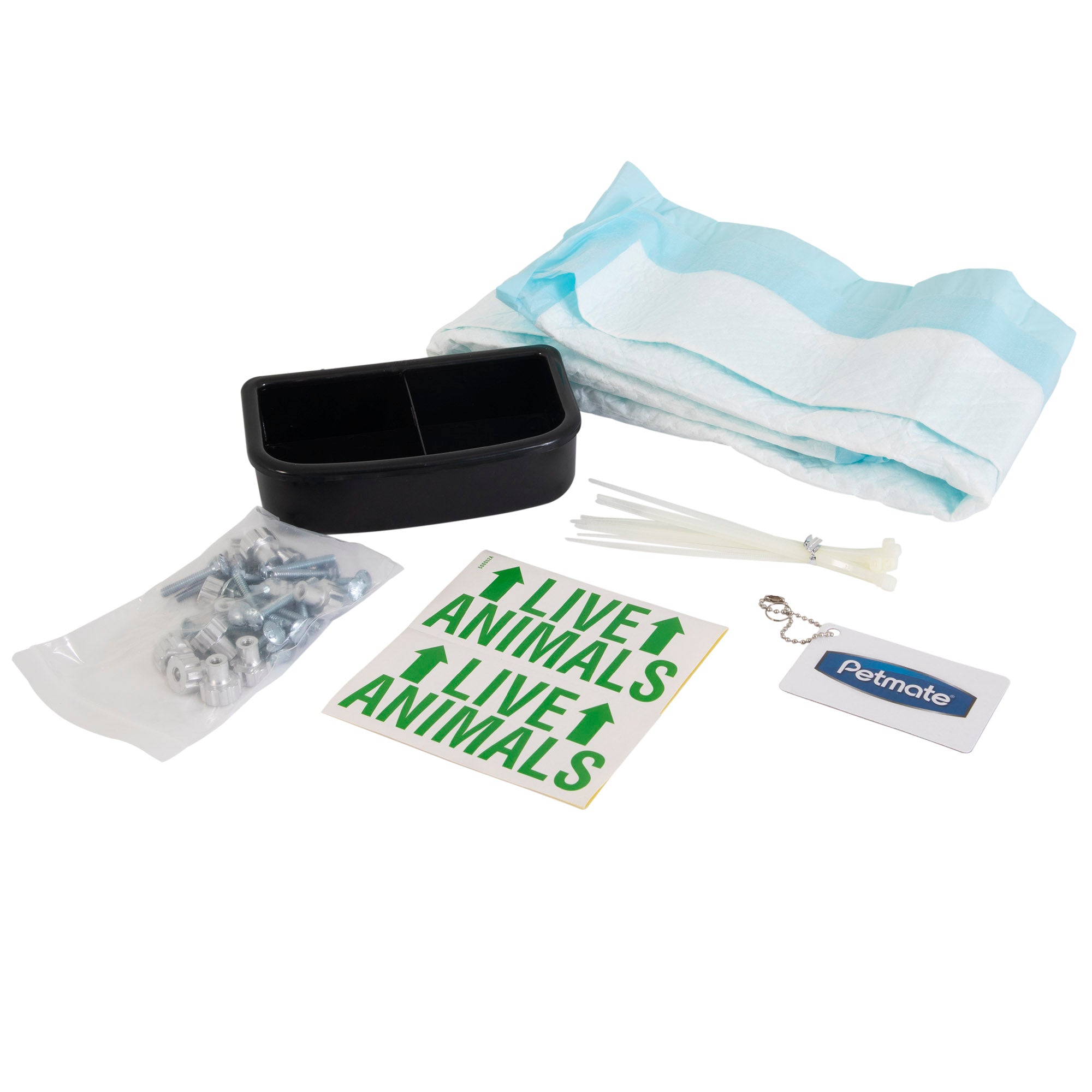 The Pet-mates Kennel Airline Travel Kit by Pet-mates is ideal for airline travel, including a black food and water container, absorbent pads, metal hardware, zip ties, two Live Animals stickers, and a Pet-mates tag to enhance your kennel accessories collection.