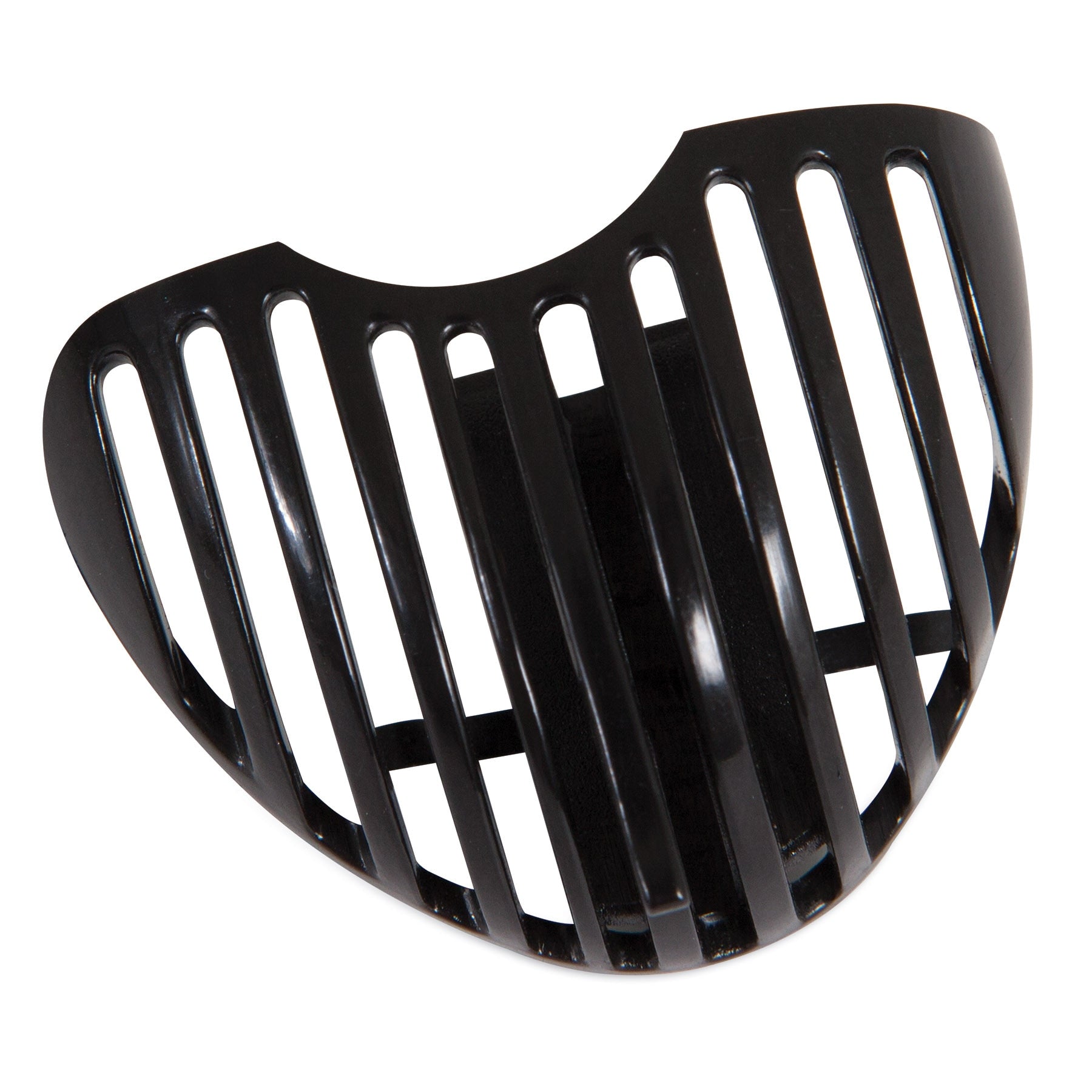 A black slotted plastic grill, similar to the Pet-mates Fresh Flow Replacement Strainer, featuring a curved design with evenly spaced vertical bars.