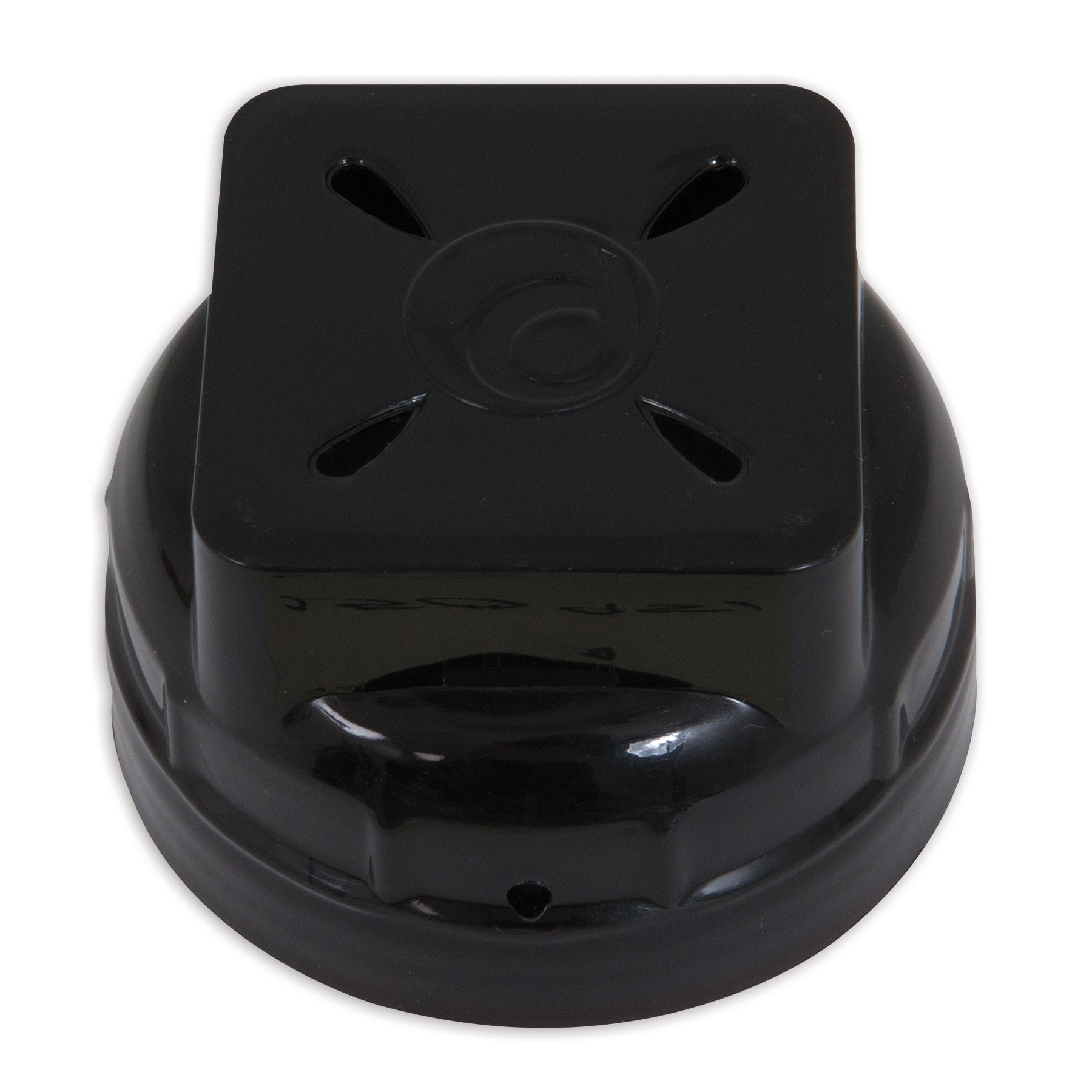 The Pet-mates Replendish Replacement Filter Cap for X-Small & Small sizes is an ideal black plastic replacement cap featuring a square top with four diagonal slots, a round base, and a molded circular logo at the center. Its reflective surface highlights the glossy finish.
