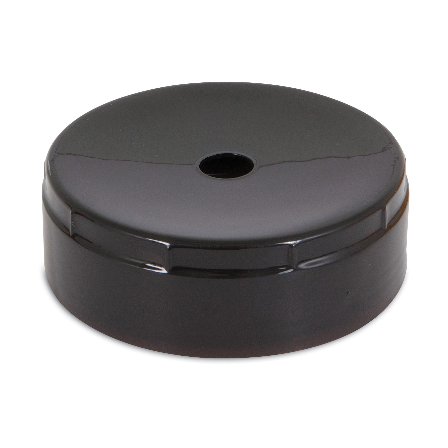 The Medium Lebistro Gravity Waterer Replacement Cap by Pet-mates features a sleek, black circular plastic design with a central hole and glossy finish, perfectly matching the Aspen Pet LeBistro for enhanced functionality.