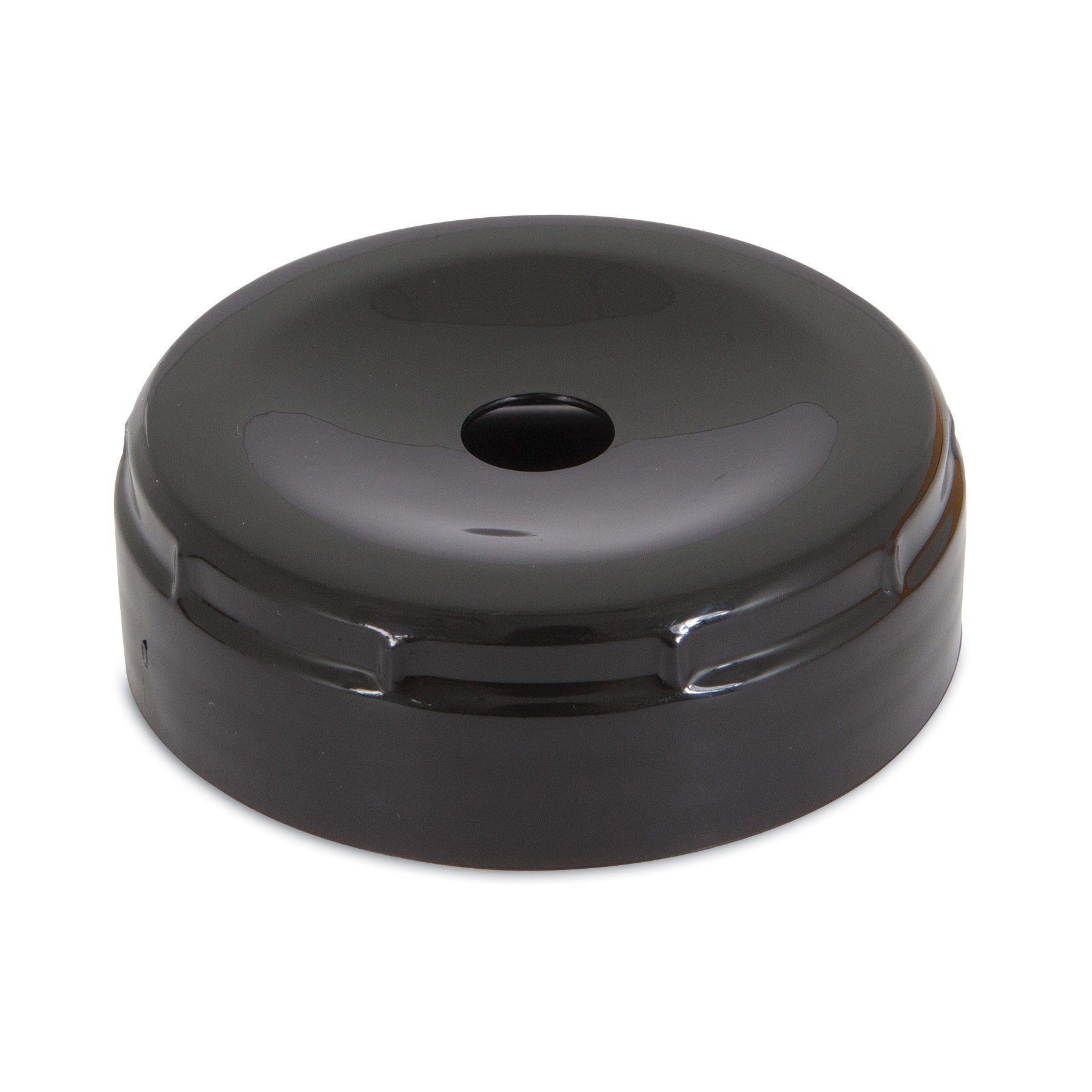 The Extra Small Lebistro Gravity Waterer Replacement Cap by Pet-mates is a round, black metal lid with a central hole, designed for a glossy fit over your Aspen Pet Gravity Waterer container.