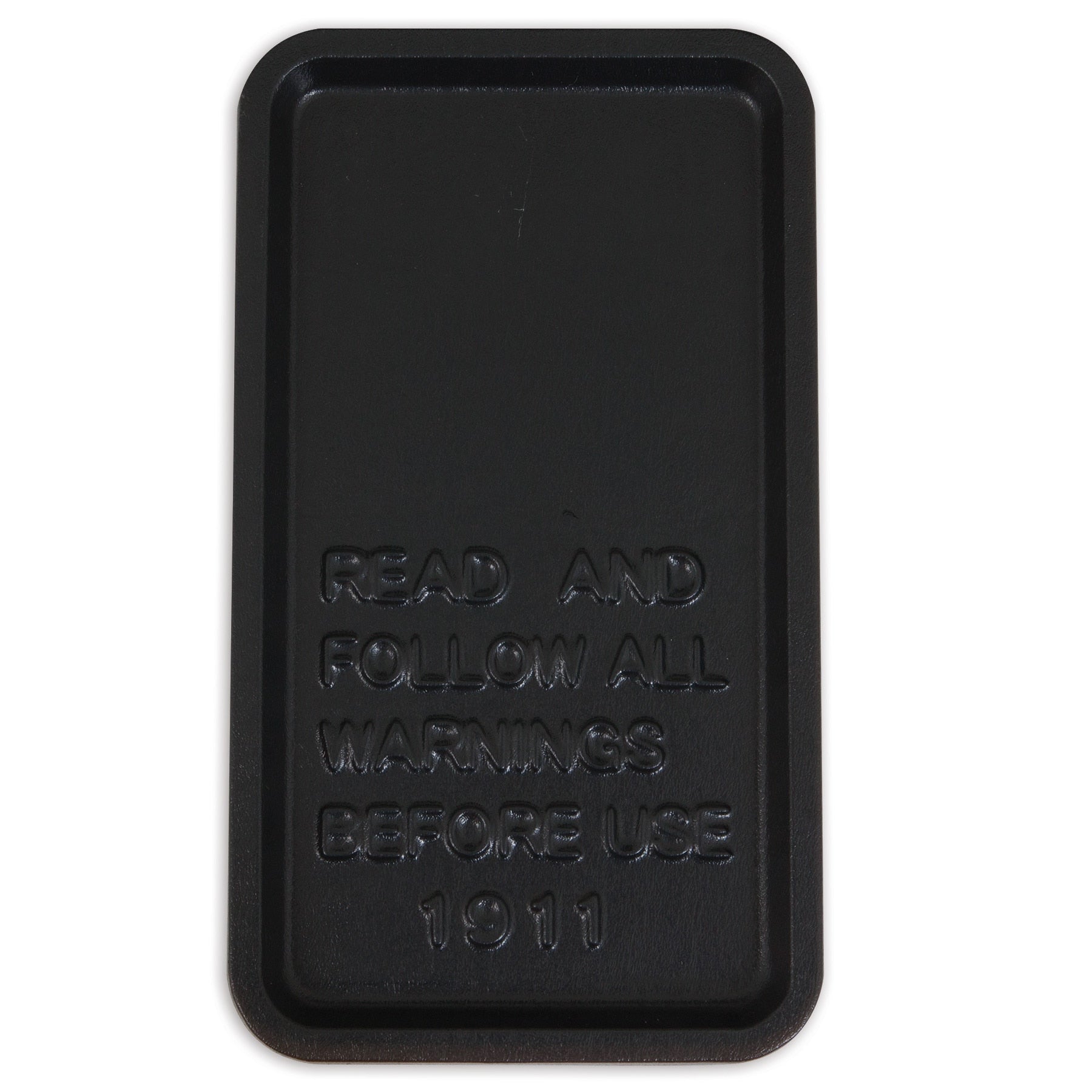 The Pet-mates Wire Crate/Kennel Replacement Tray is a durable, black ABS plastic rectangle with raised text that reads READ AND FOLLOW ALL WARNINGS BEFORE USE 1911, ensuring safety and reliability.