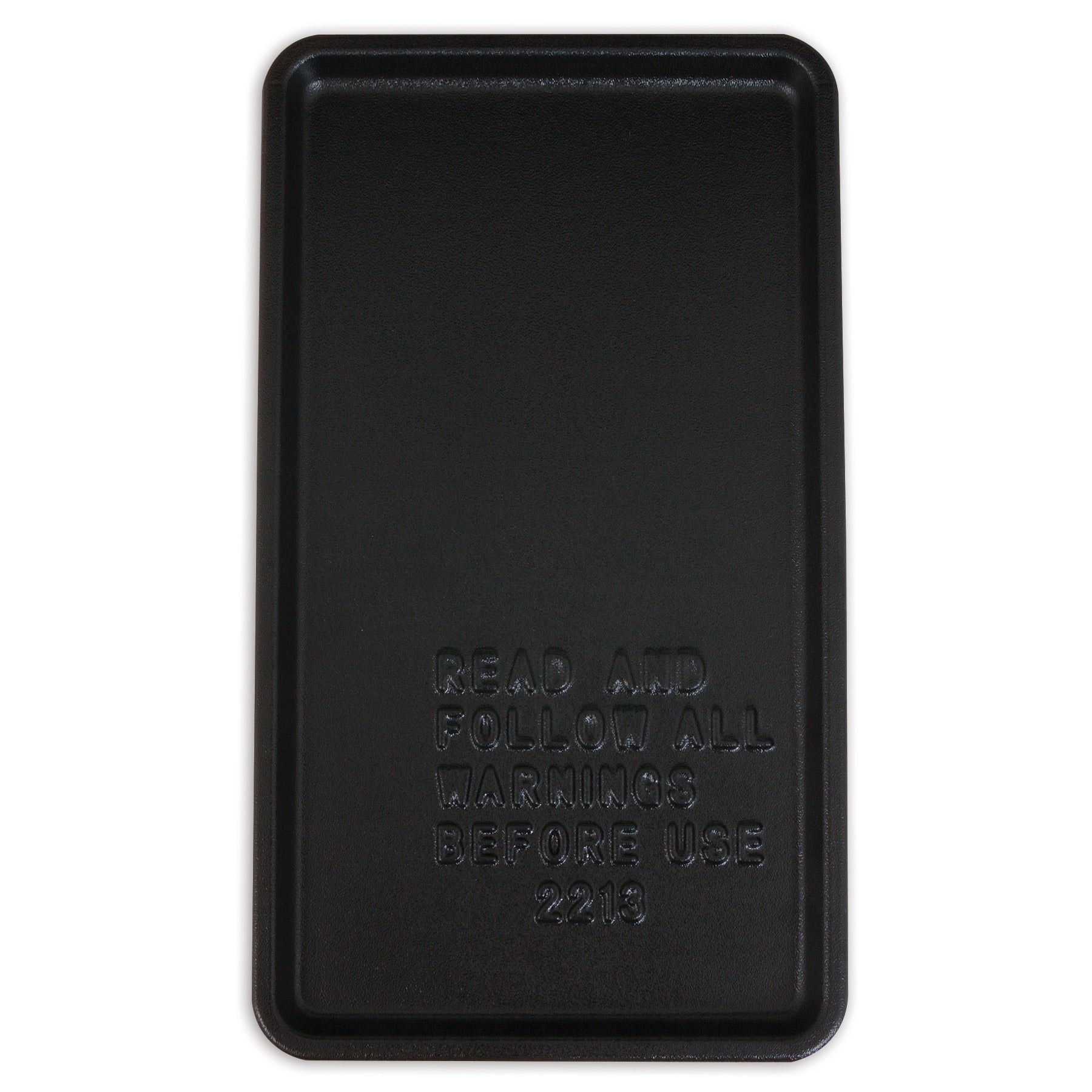 The Pet-mates ASPCA Wire Kennel Replacement Tray is a rectangular black griddle with raised text, READ AND FOLLOW ALL WARNINGS BEFORE USE 2219, featuring a slightly raised edge for enhanced pet safety.