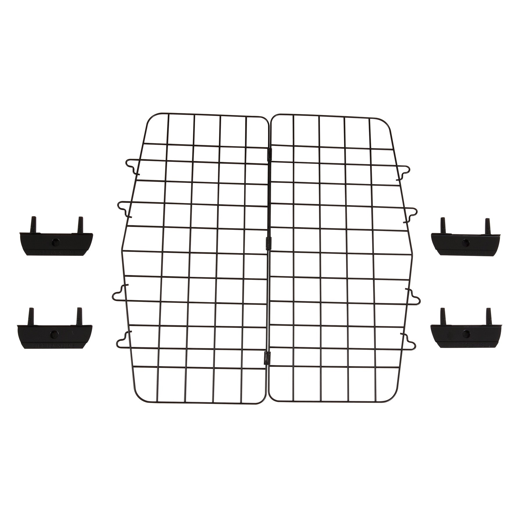 The Pet-mates Navigator Grow With Me Divider Kit features a black wire grid with a central hinge and four mounting brackets, perfect for separating SUV cargo from passenger areas. Its compatible with Pet-mates Navigator Kennels for easy housetraining.