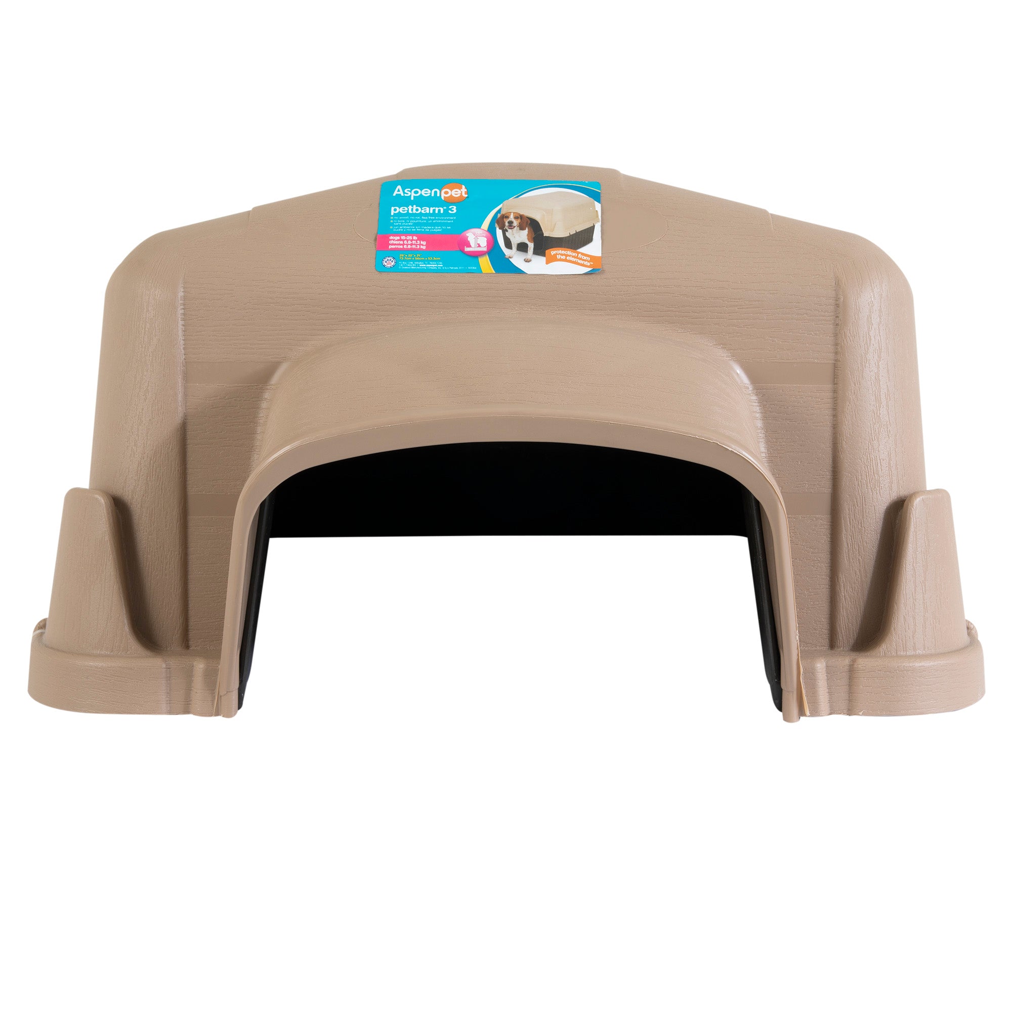 The Aspen Pet Petbarn 3 Dog House by Aspen Pet is a tan igloo-shaped shelter made from durable plastic, featuring a small arched entrance and raised floor. It combines style and function with a top label displaying a dog image, perfect for your pet.