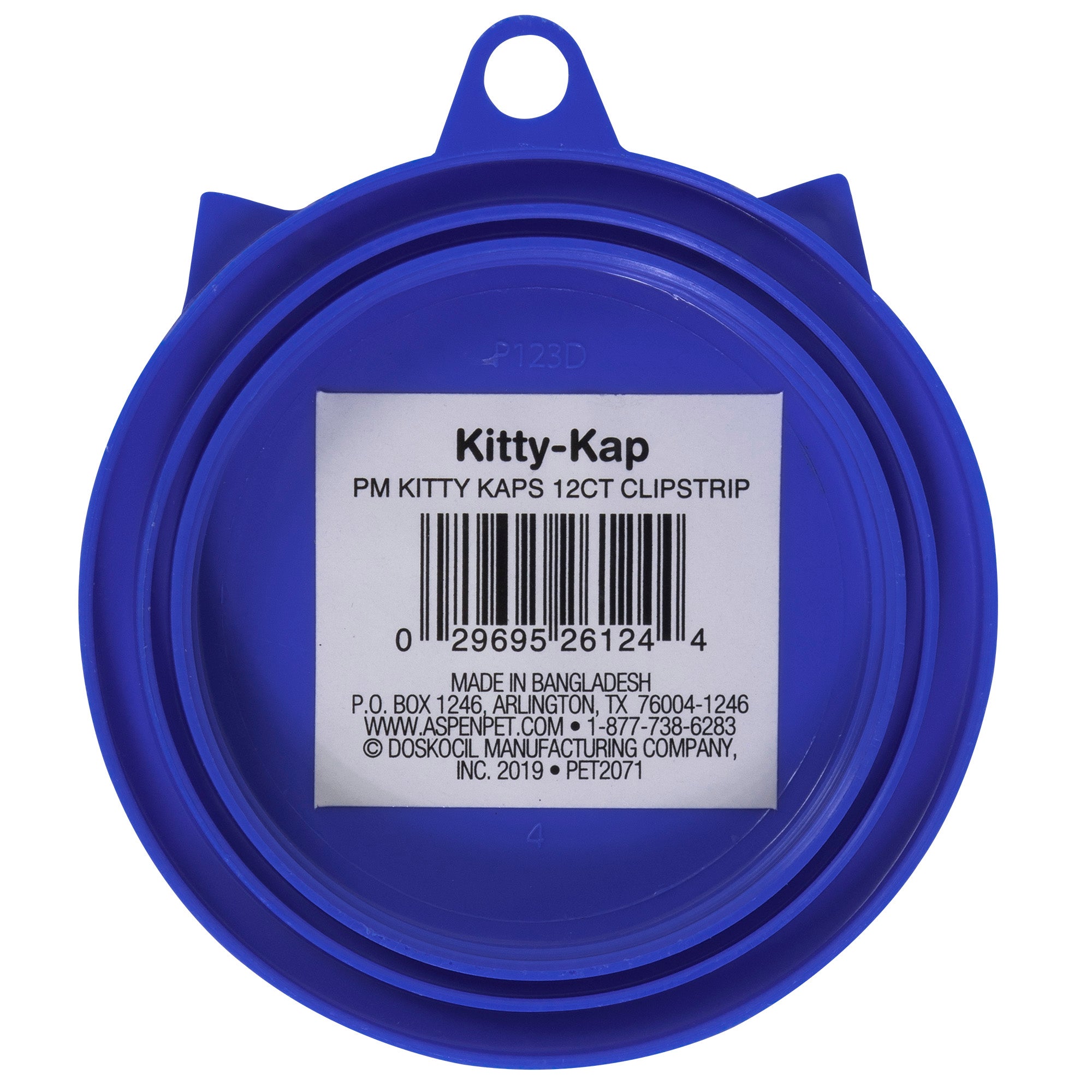 The blue circular Pet-mates Kitty Kaps Pet Food Can Topper features a barcode, production info, and company details. Produced in Bangladesh by Doskocil Manufacturing Company, Inc., it maintains pet food freshness and provides contact info with a website link.