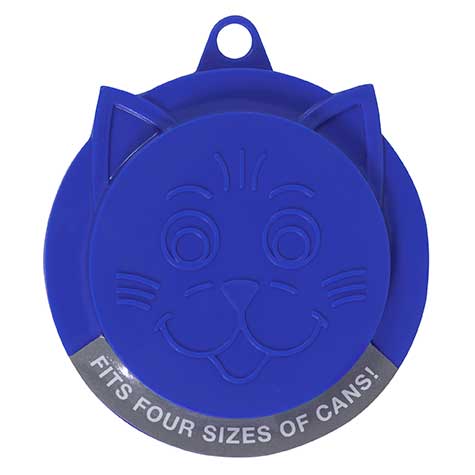 The Pet-mates Kitty Kaps Pet Food Can Topper is a round, blue silicone cat face cover with embossed features and a loop on top. Its gray band states Fits Four Sizes of Cans! This adorable solution keeps pet food fresh conveniently.