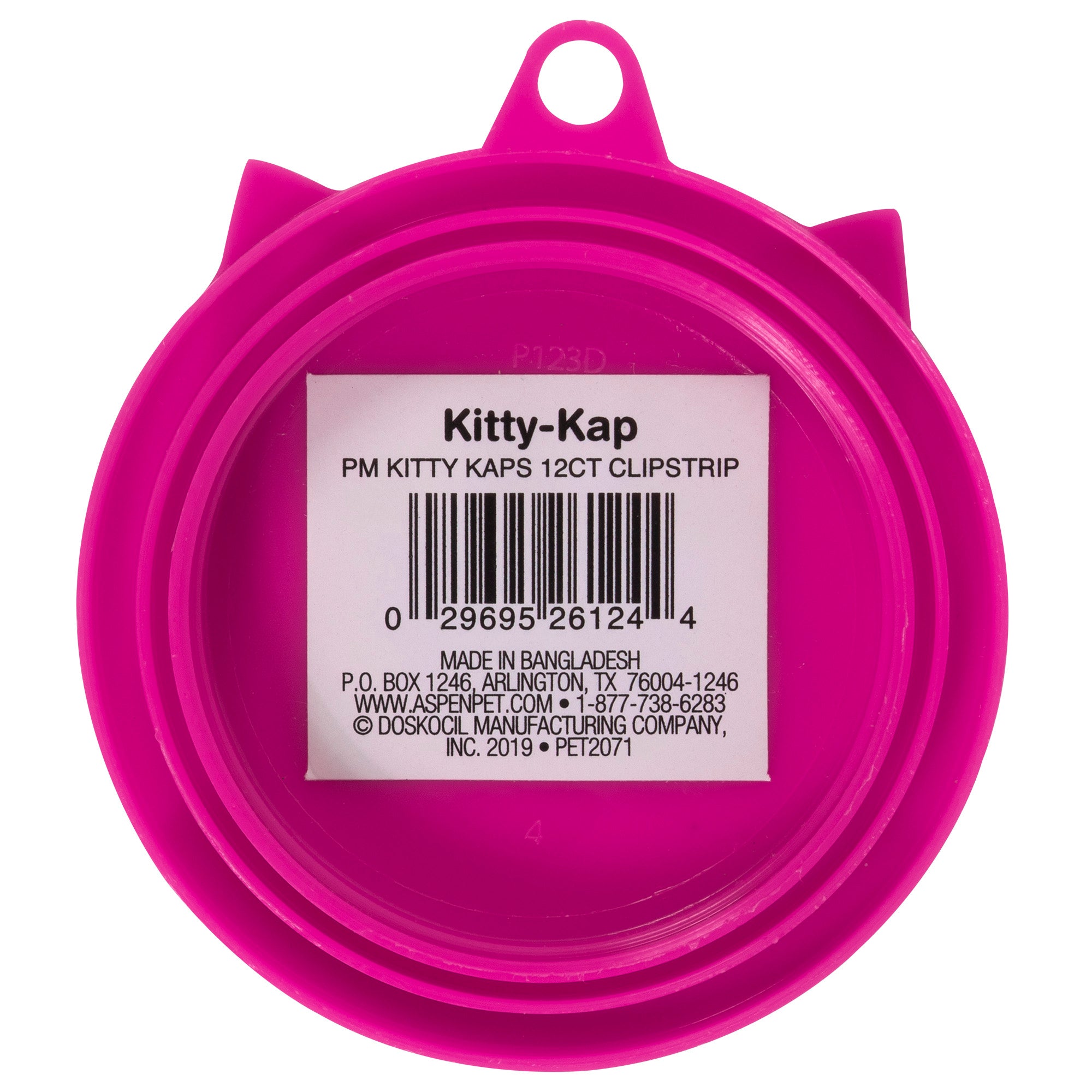The Pet-mates Kitty Kaps Pet Food Can Topper is a pink plastic cap with a center barcode and label. It is perfect for keeping pet food fresh. The label displays manufacturing details, brand name, contact info, and states Made in Bangladesh. A top loop allows for easy hanging.