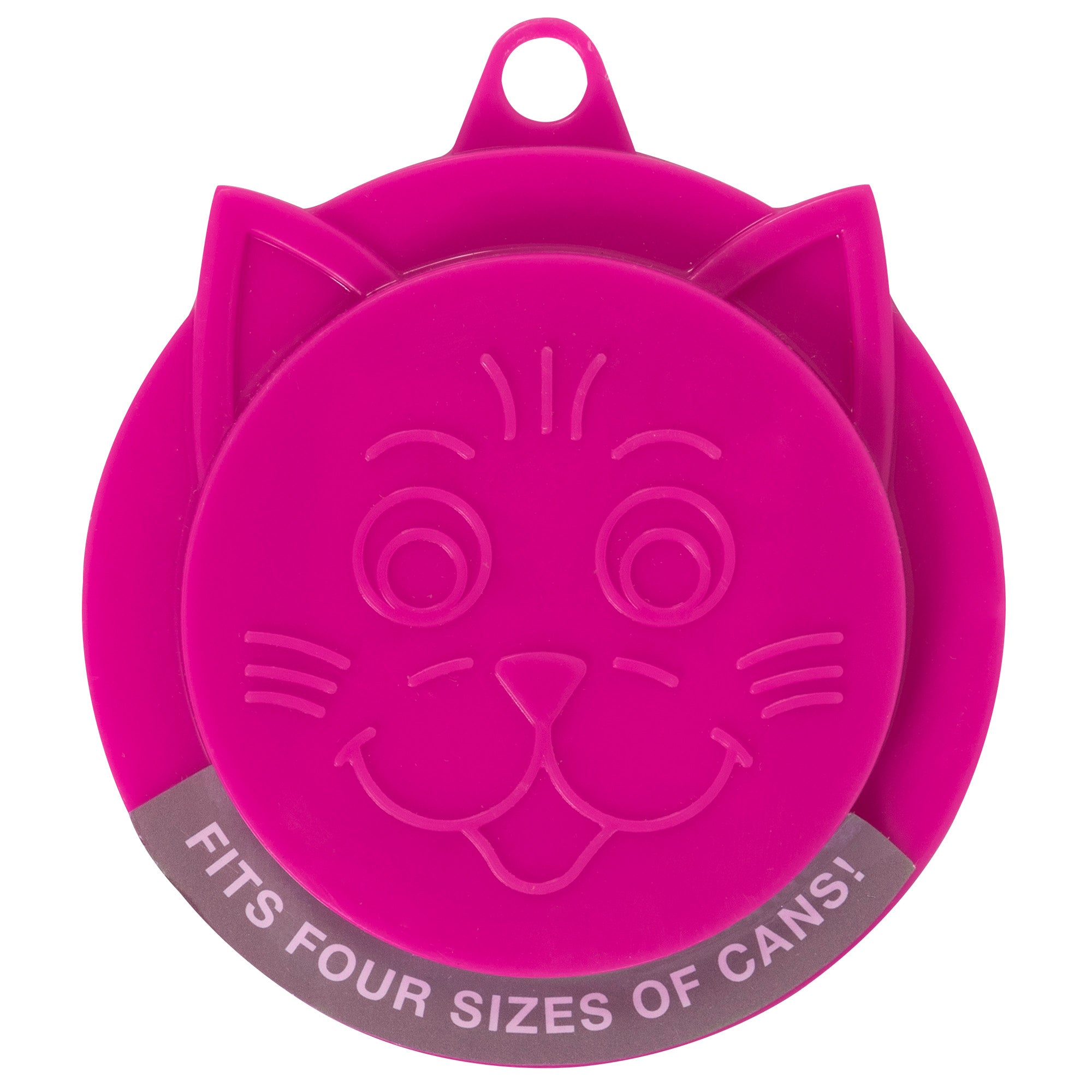 Meet the Pet-mates Kitty Kaps—a vibrant pink silicone can topper designed like a cat face. It features pointed ears, etched facial details, and Fits four sizes of cans! along the edge. A top loop ensures easy handling while keeping pet food fresh.
