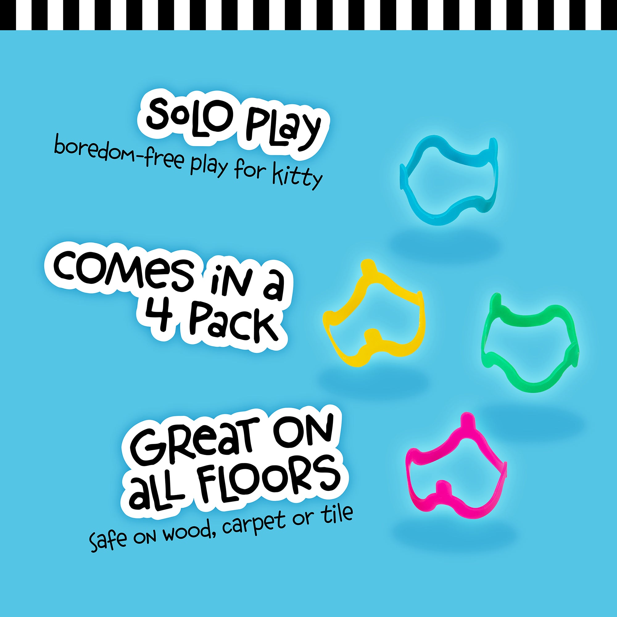 Brightly colored, curved FAT CAT Cat Crazies by Fatcat are scattered on a blue background. Text highlights: Solo play - boredom-free for kitty, available in a 4-pack, and suitable on any floor surface including wood, carpet, or tile. Their striped pattern adds to the charm of these engaging toys.