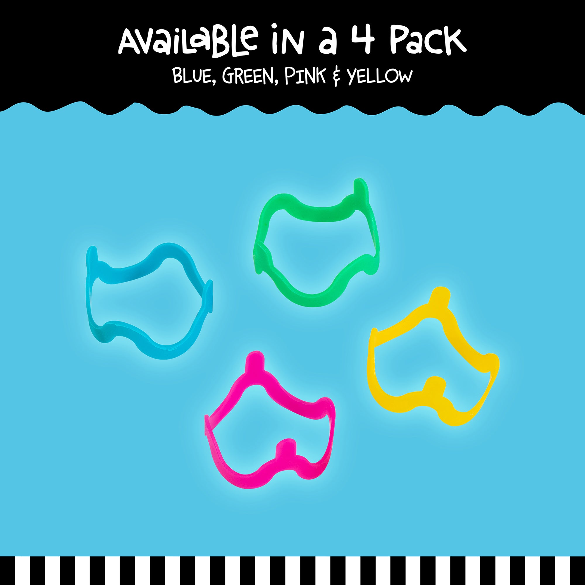 Four colorful FAT CAT Cat Crazies Toys shaped like masks on a sky blue background in bright blue, green, pink, and yellow. The text above reads, Available in a 4 Pack Blue, Green, Pink & Yellow with a wavy and striped border. Brand: Fatcat.