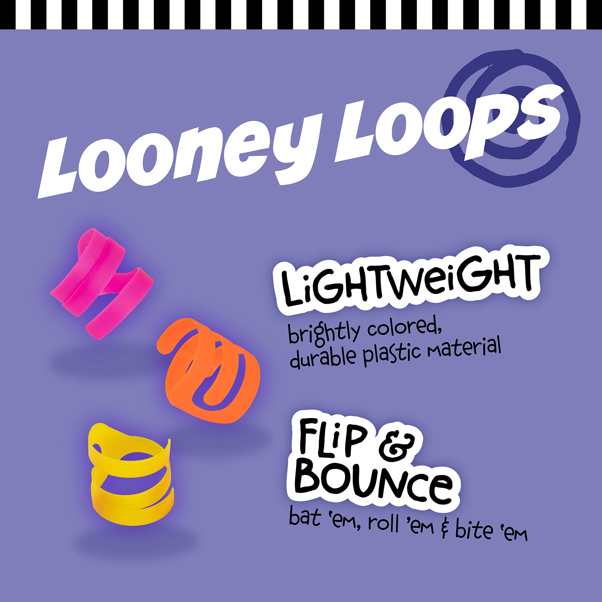 Promotional image for Pet-mates Looney Loops Cat Toy on a purple background. Three vibrant loops display bright neon colors. Text highlights Lightweight, durable plastic material and Flip & bounce, bat em, roll em & bite em. Perfect for cats!.