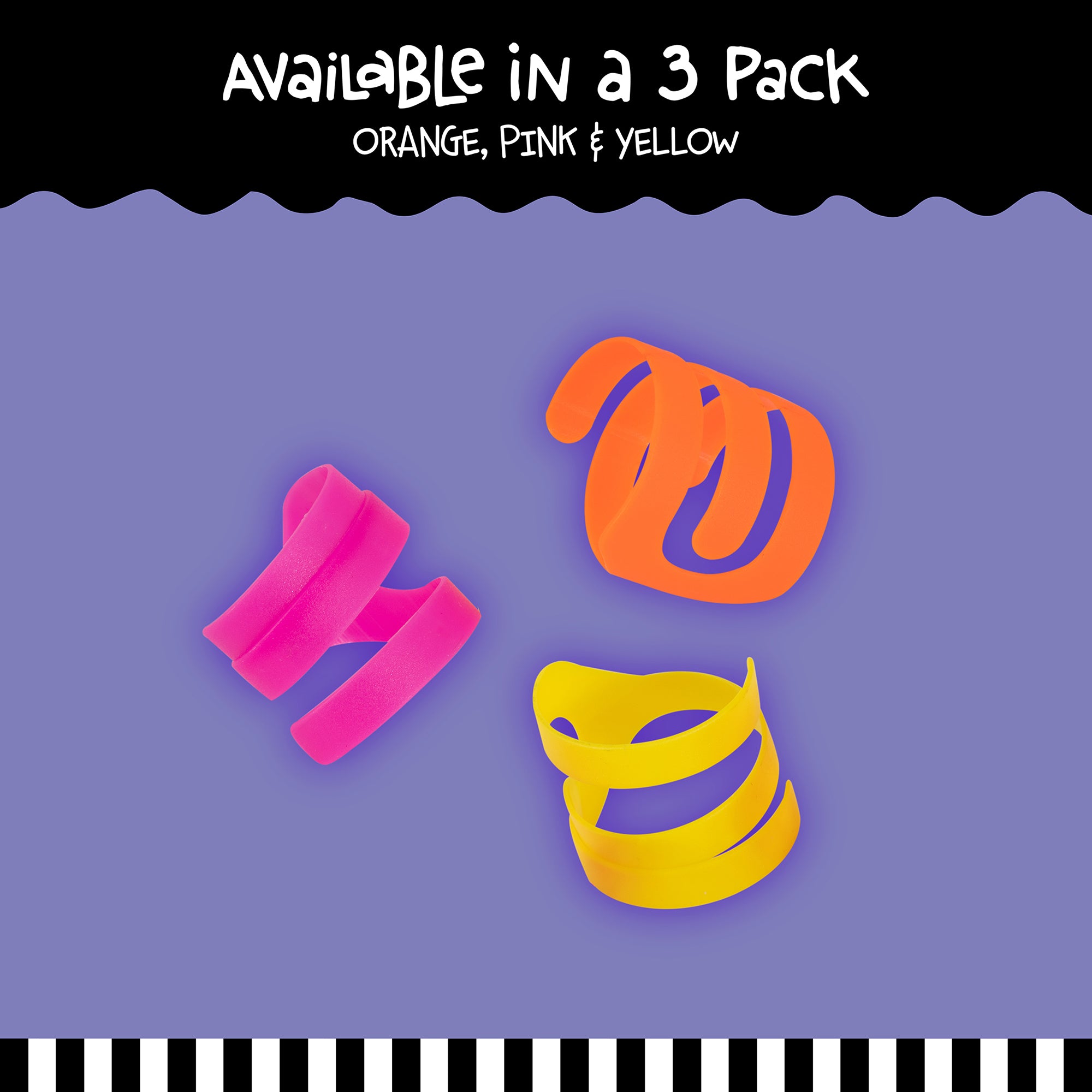 Three spiral hair ties, echoing the Pet-mates Looney Loops Cat Toy design, are set against a vibrant purple background in neon orange, pink, and yellow. Available in a 3 Pack is highlighted at the top with an elegant black and white striped border beneath it.
