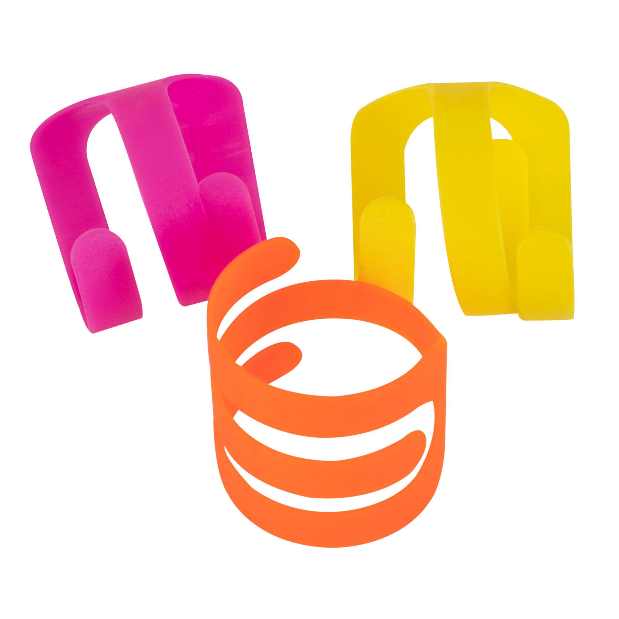 Three vibrant Pet-mates Looney Loops Cat Toys, resembling cat toys, are displayed on a white backdrop. The bright neon plastic clips come in pink, yellow, and orange with a simple curved design.