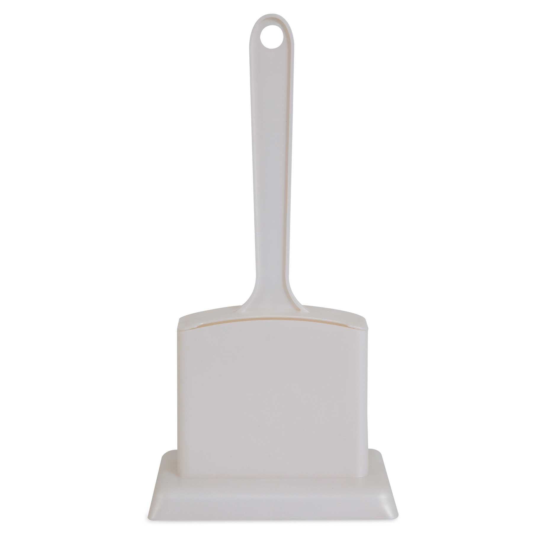 The Pet-mates Handy Stand Litter Scoop by Pet-mates is a white plastic scoop with a long handle and wide flat base for effective debris collection. A convenient hole in the handle allows for easy hanging and sanitary storage, helping maintain tidiness.