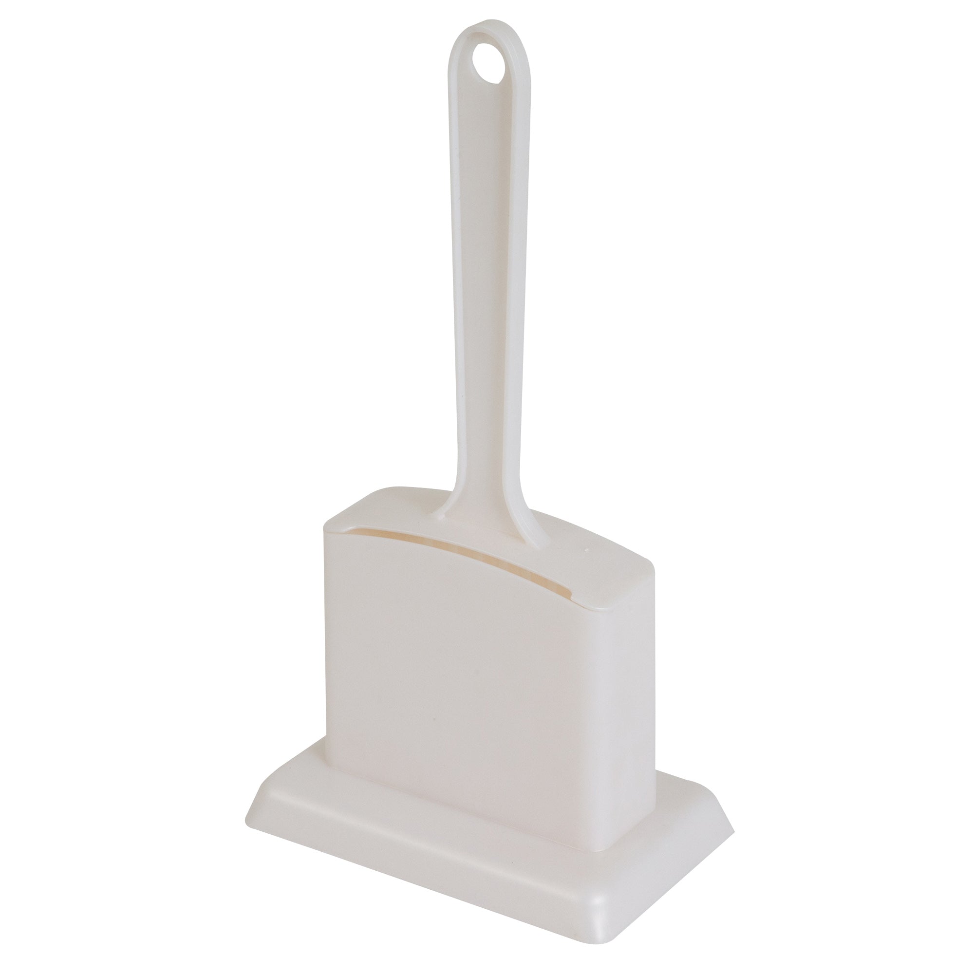 The Pet-mates Handy Stand Litter Scoop features sanitary storage with a durable rectangular holder, sloped top, and wider base for stability. Its handle has a hole for hanging, and the scoop is stored upright in the holder.