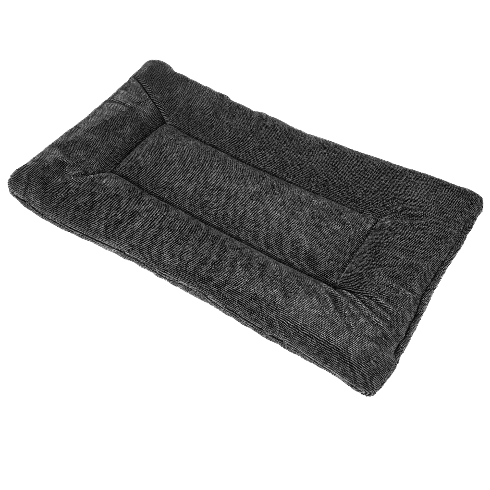 The Pet-mates Kennel Mat by Pet-mates is a rectangular, dark gray pet bed with a soft, cushioned surface and raised edges. Its plush mattress offers comfort, while the non-skid bottom keeps it securely in place when viewed from a slightly elevated angle.