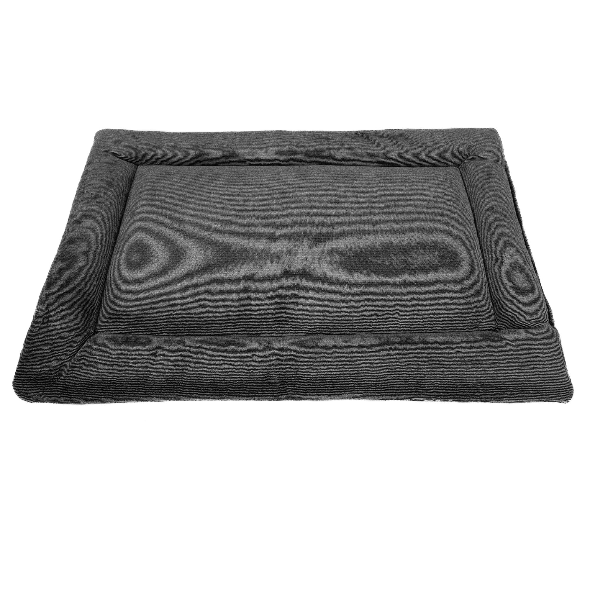 The Pet-mates Kennel Mat by Pet-mates is a soft, rectangular dark gray pet bed with a raised border and plush mattress surface for maximum comfort. Its non-skid bottom ensures it stays in place, making it ideal for any setting. The bed is photographed on a plain white background.