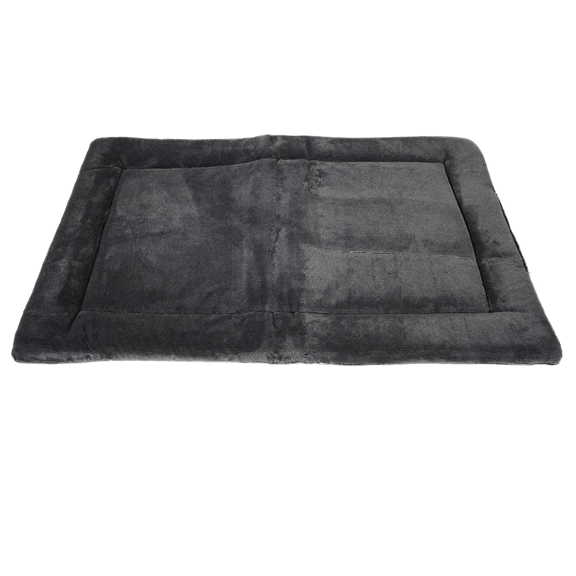 The Pet-mates Kennel Mat by Pet-mates is a soft, dark gray rectangular bed with a plush mattress and slightly raised border. Its smooth texture offers a cozy space for pets, while the non-skid bottom ensures stability against a white background.
