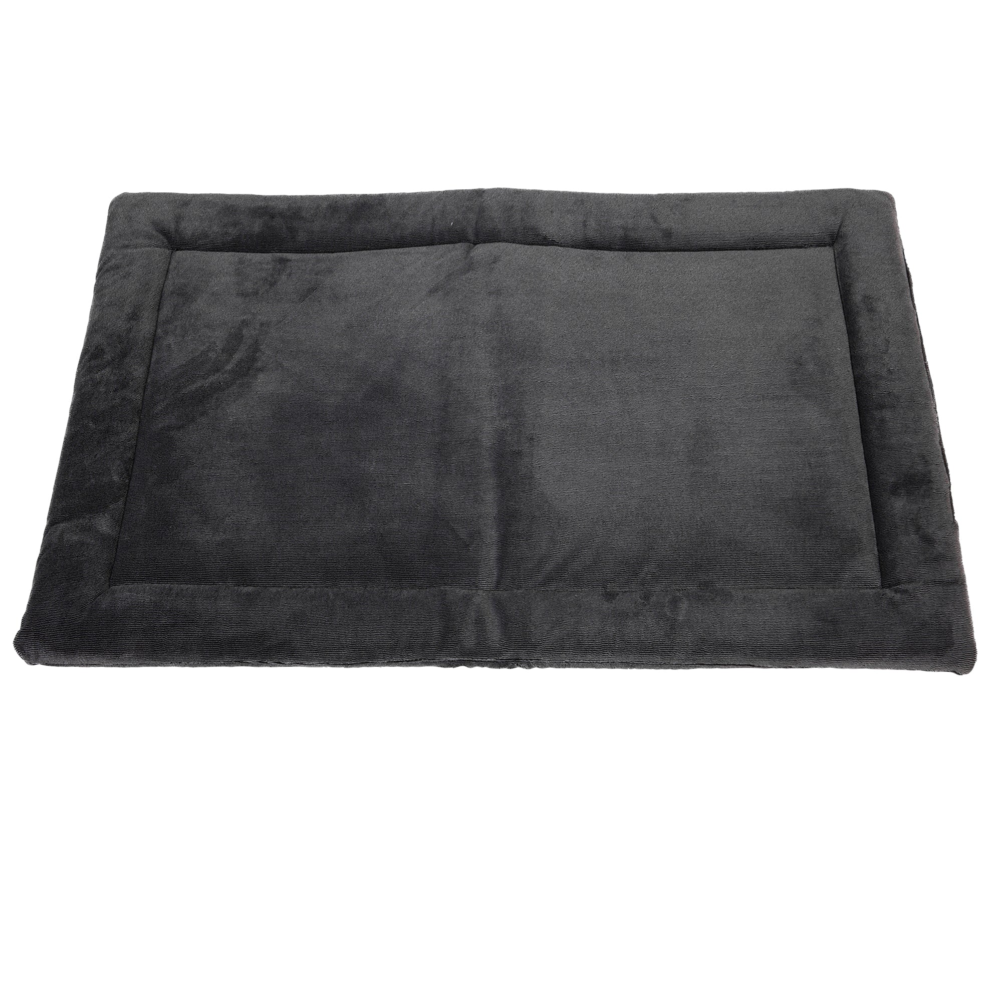 The Pet-mates Kennel Mat by Pet-mates is a rectangular, dark grey pet bed with a soft velvety texture and non-skid bottom, featuring a raised border and plush flat center like a mattress, ensuring it offers comfort for small to medium-sized pets while staying in place.