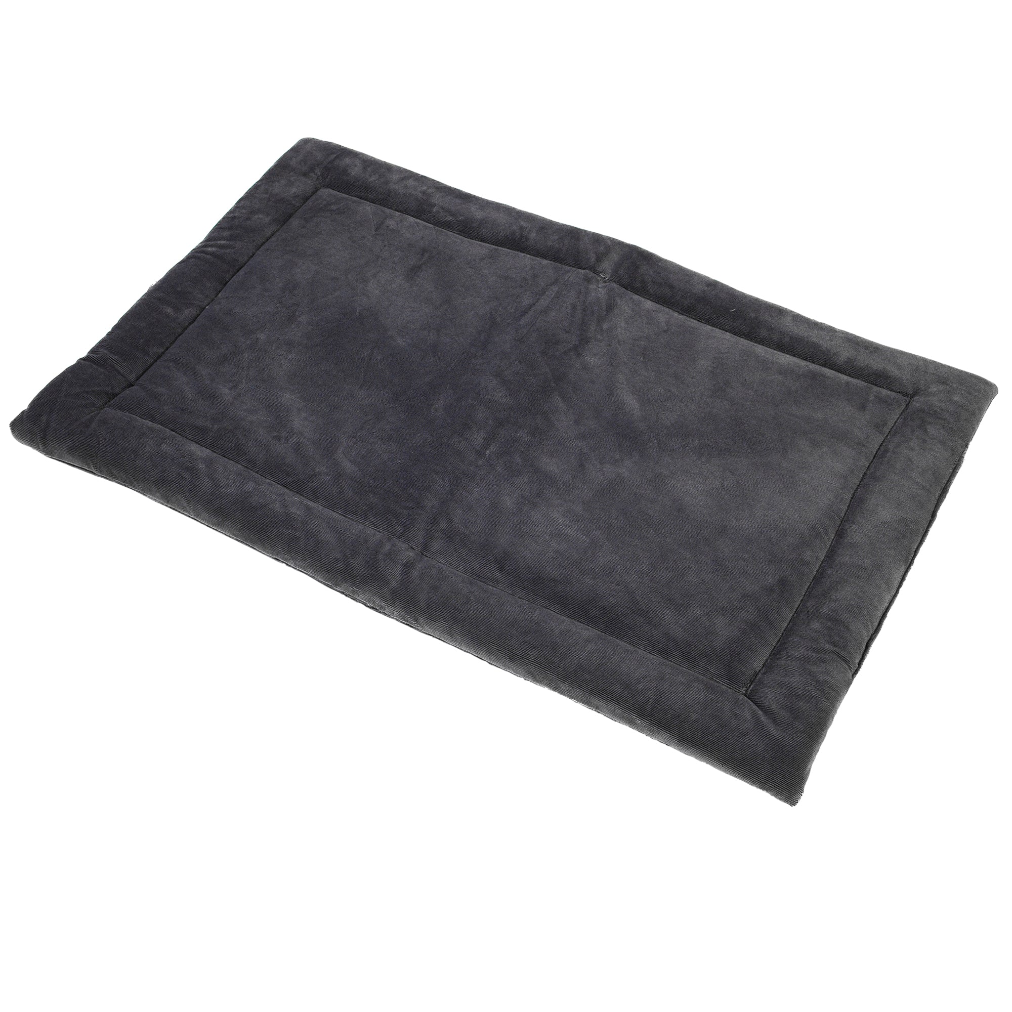 The Pet-mates Kennel Mat is a soft, rectangular, dark gray pet bed with a plush mattress and slightly raised edges. Its non-skid bottom ensures comfort and security for your furry friend. It sits elegantly on a white background.