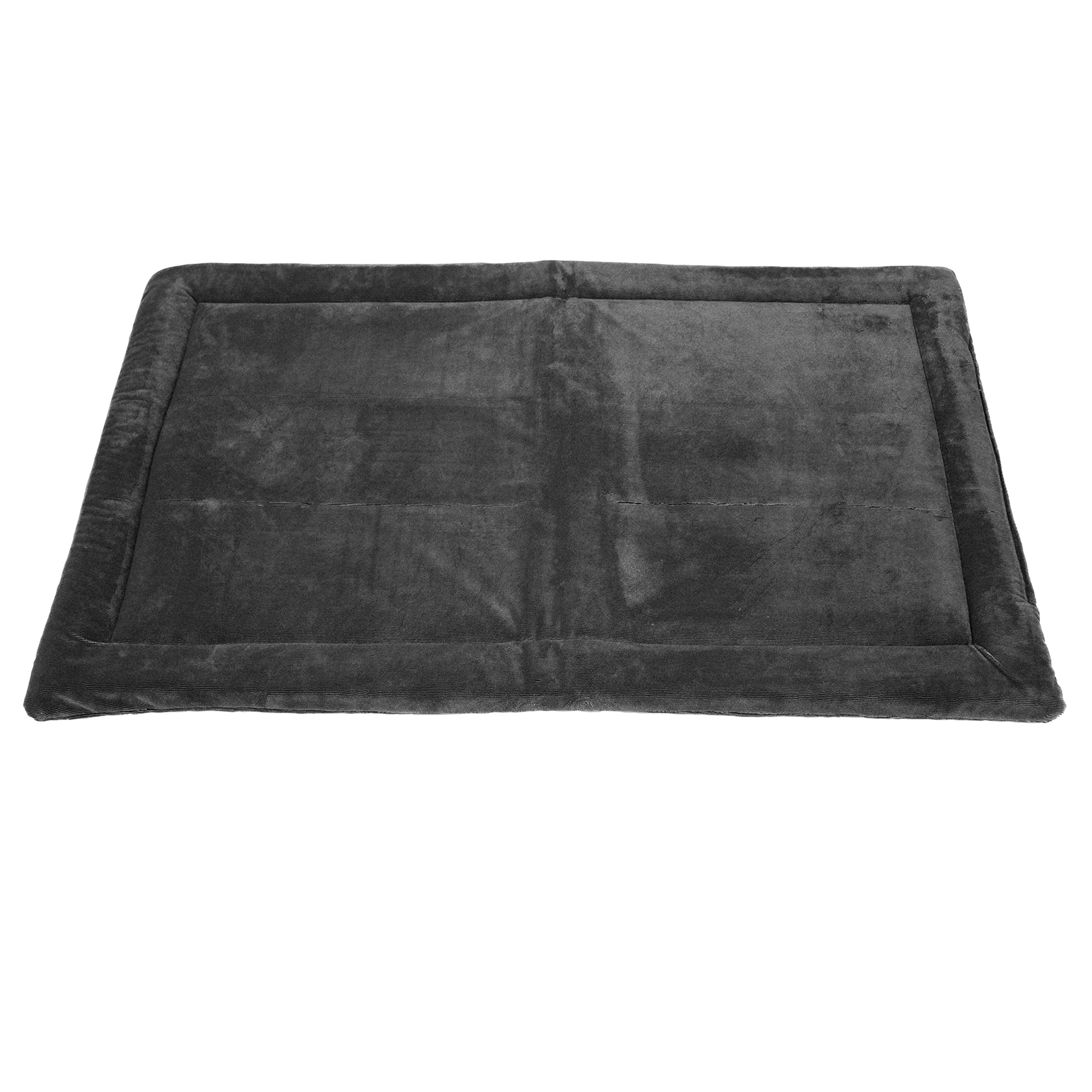 The Pet-mates Kennel Mat by Pet-mates is a plush, rectangular dark gray pet bed with a soft cushioned surface, non-skid bottom, and slightly raised edges, perfect for medium-sized pets to rest comfortably.