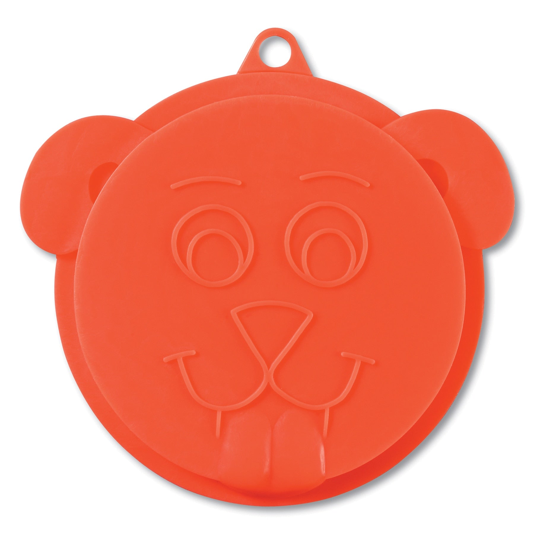 The Pet-mates Pup Top Food Can Topper by Pet-mates is an orange silicone lid designed like a cartoon animal face with big eyes, a smiling mouth, and floppy ears. Ideal for pet food cans, it includes a convenient loop for hanging.