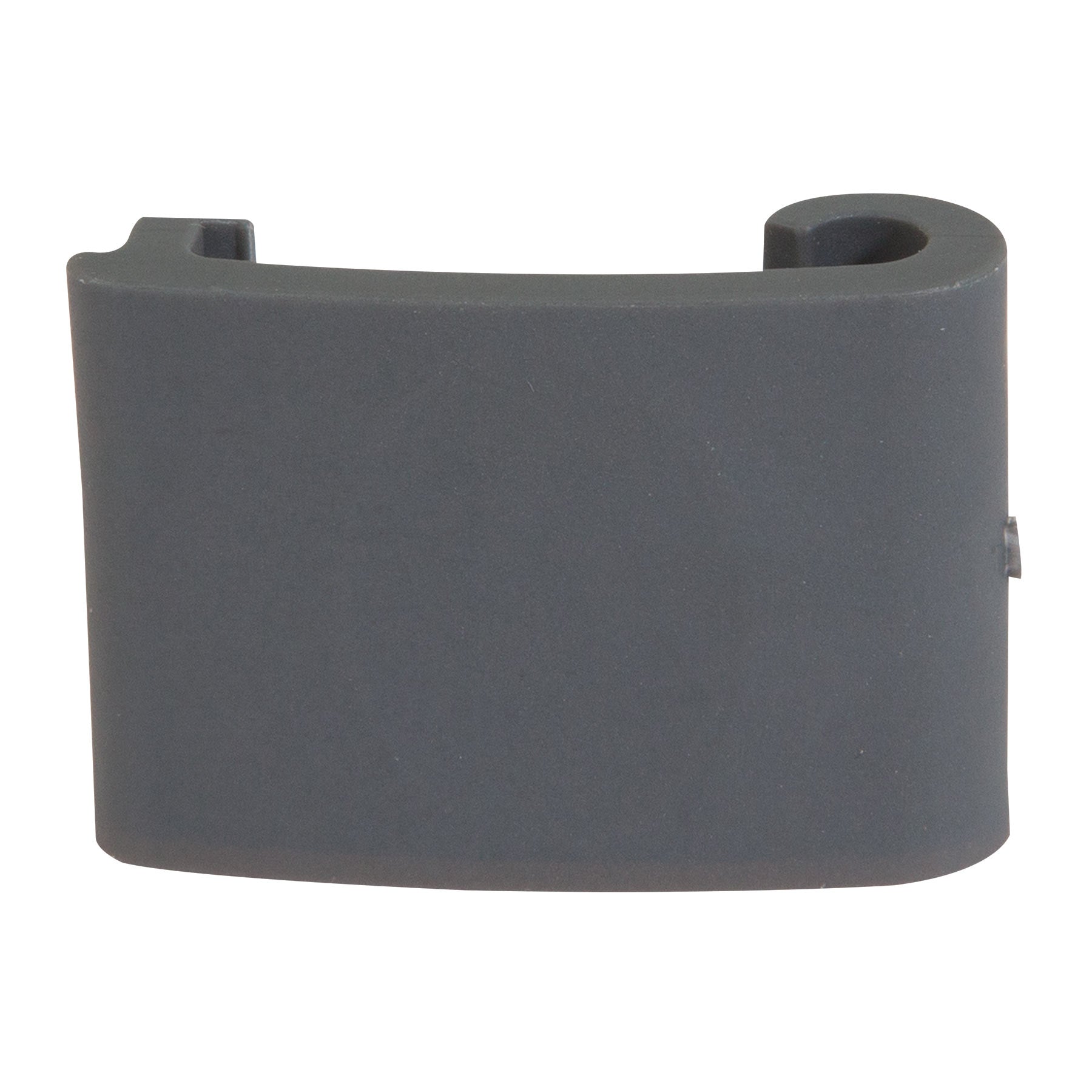 The Short Replacement Latch for Plastic Kennels by Pet-mates is a dark gray, rectangular plastic clip with a curved hook and small notch, compatible with RuffMaxx kennels, ideal as a replacement latch.