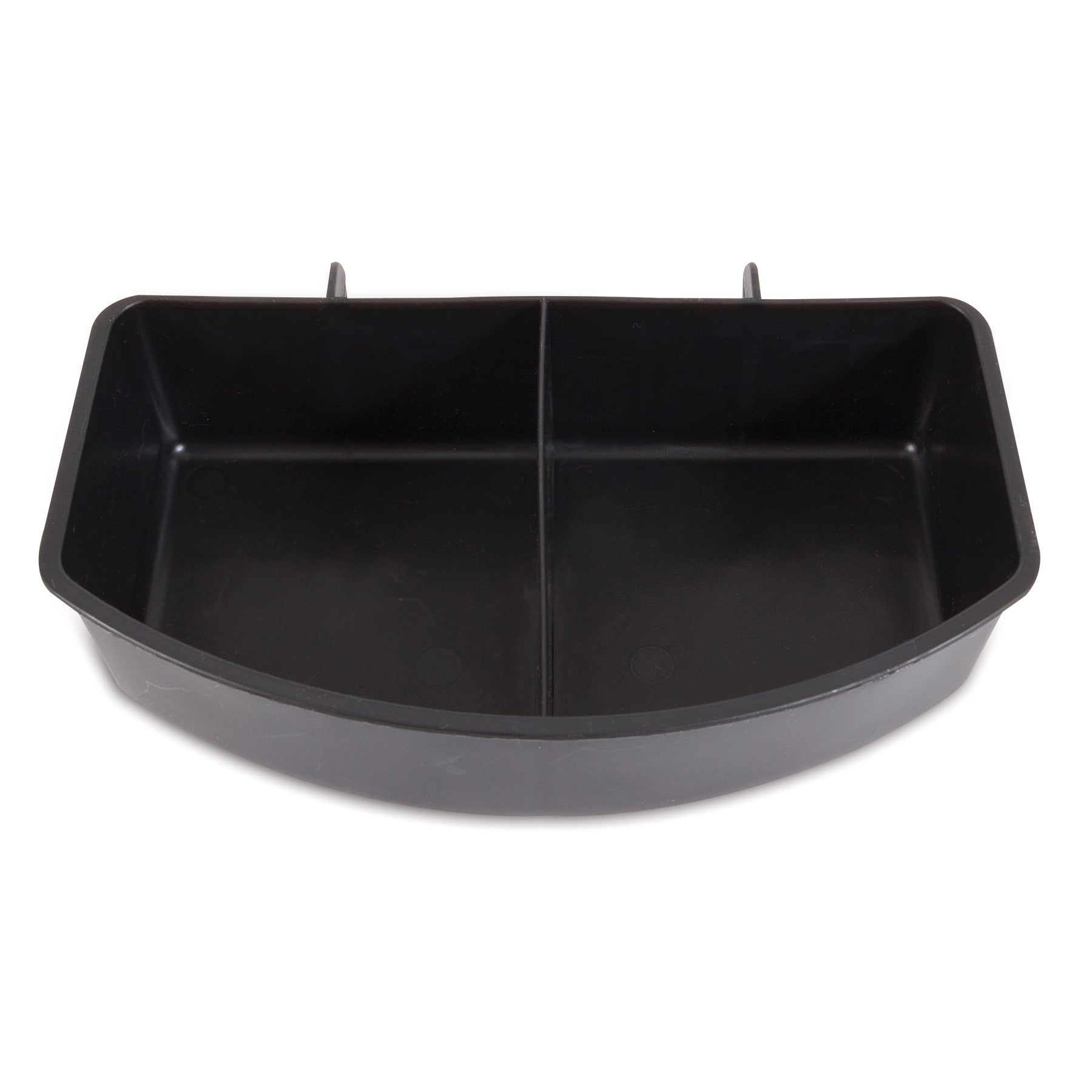 The Pet-mates Double Water Cup For Kennel is a black, rectangular, plastic bin with two compartments, hooks at the top for hanging or attachment, ensuring secure and spill-free travel.
