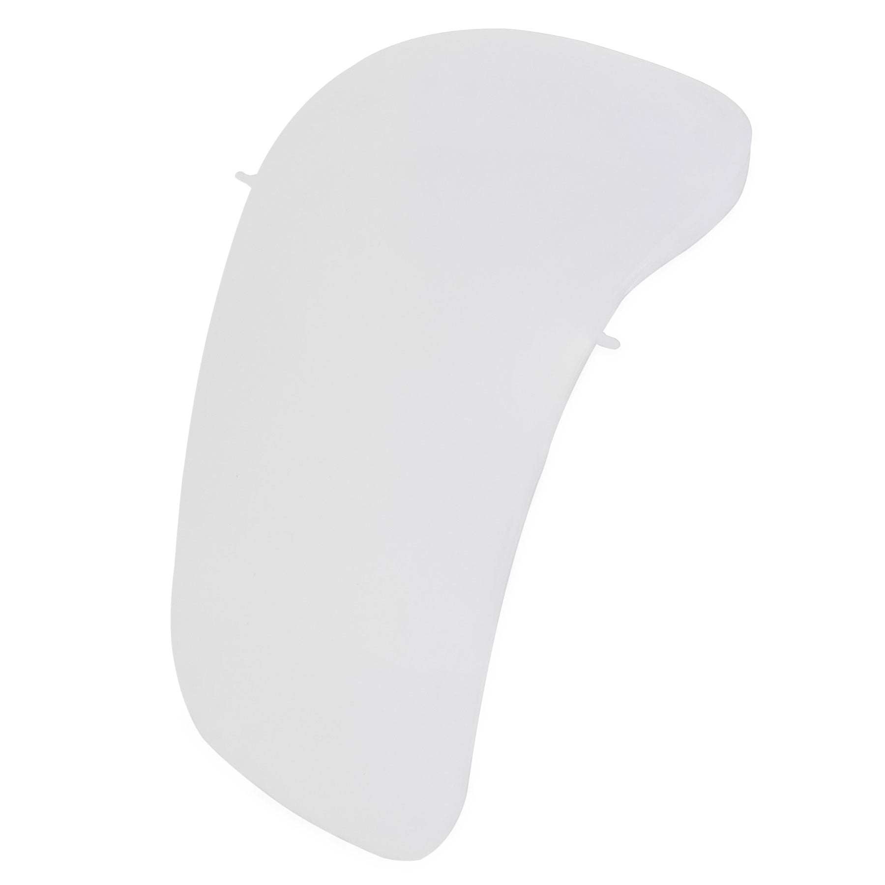 On a plain white background, a kidney-shaped white plastic object with smooth, rounded edges appears. Two small protrusions suggest its the Pet-mates Jumbo Hooded Litter Pan Replacement Door.