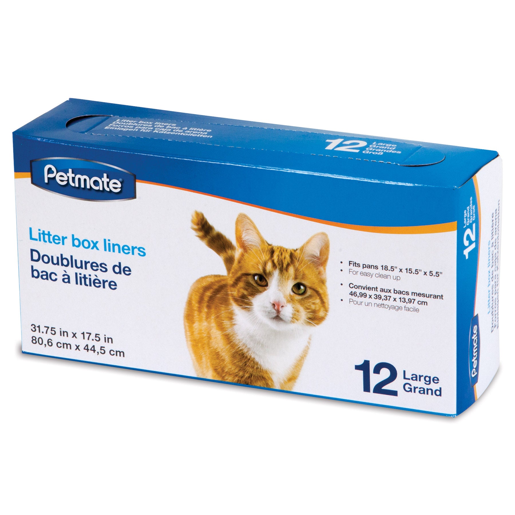 The packaging of Pet-mates Litter Box Liners, featuring an orange and white cat, shows theyre disposable plastic liners for large litter boxes. Each box contains 12 liners, with dimensions and multilingual text ensuring global accessibility.
