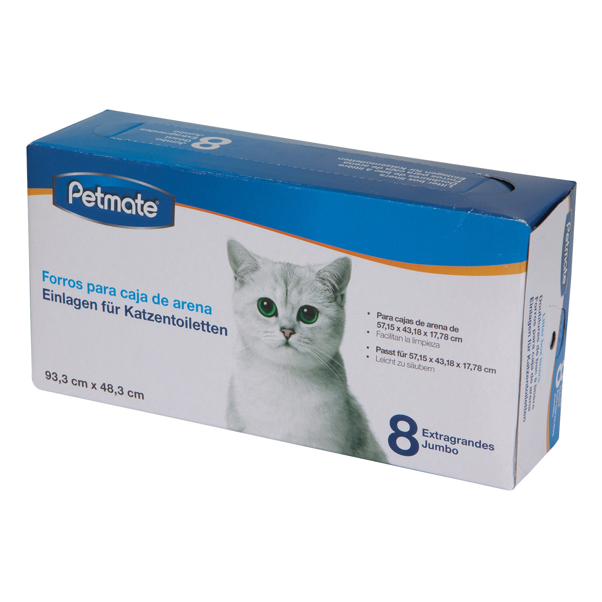 A Pet-mates Litter Box Liners package in blue and white shows a white cat. It includes 8 extra-large jumbo liners for a litter box, with dimensions at the bottom. The packaging is labeled in Spanish.
