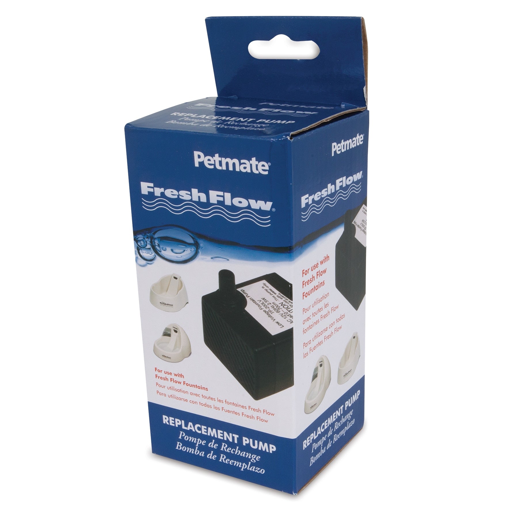 The Pet-mates Deluxe Fresh Flow Replacement Pump comes in a blue and white box featuring an image of the pump, instructions, compatibility details with various pet fountains, and detailed usage information.