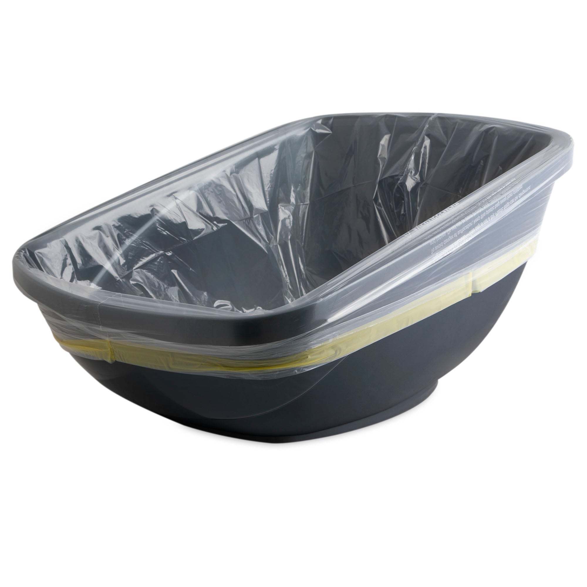 The Pet-mates Drawstring Hi-Back Litter Box Liners by Pet-mates feature odor control in a gray, oval-shaped plastic design. A clear liner and yellow band keep it secure for easy disposal, maintaining a tidy appearance in any space.