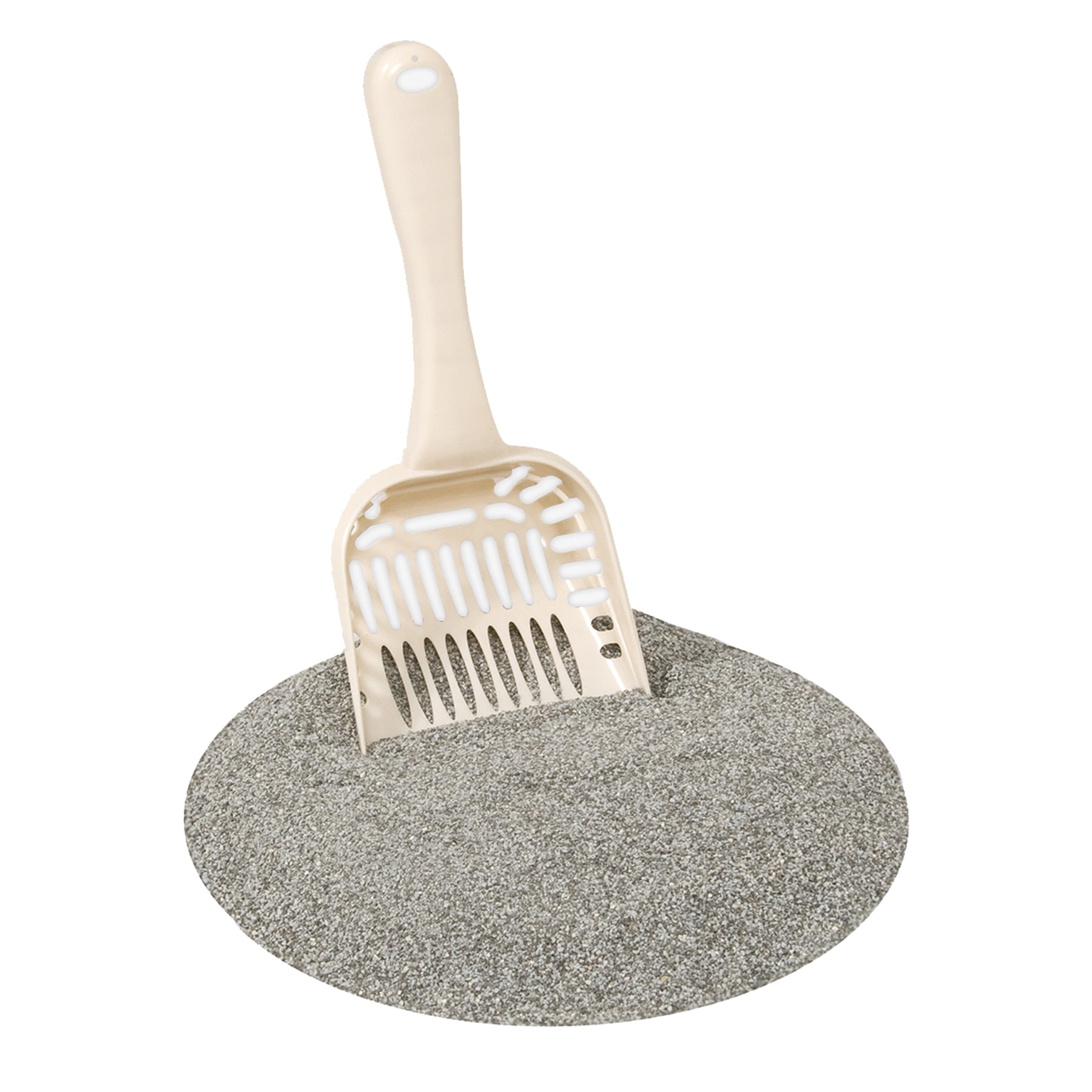 The Pet-mates Classic Litter Scoop by Pet-mates, crafted from durable plastic with antimicrobial protection, is a beige scoop partially buried in gray cat litter against a white background. Its slotted design ensures efficient sifting.