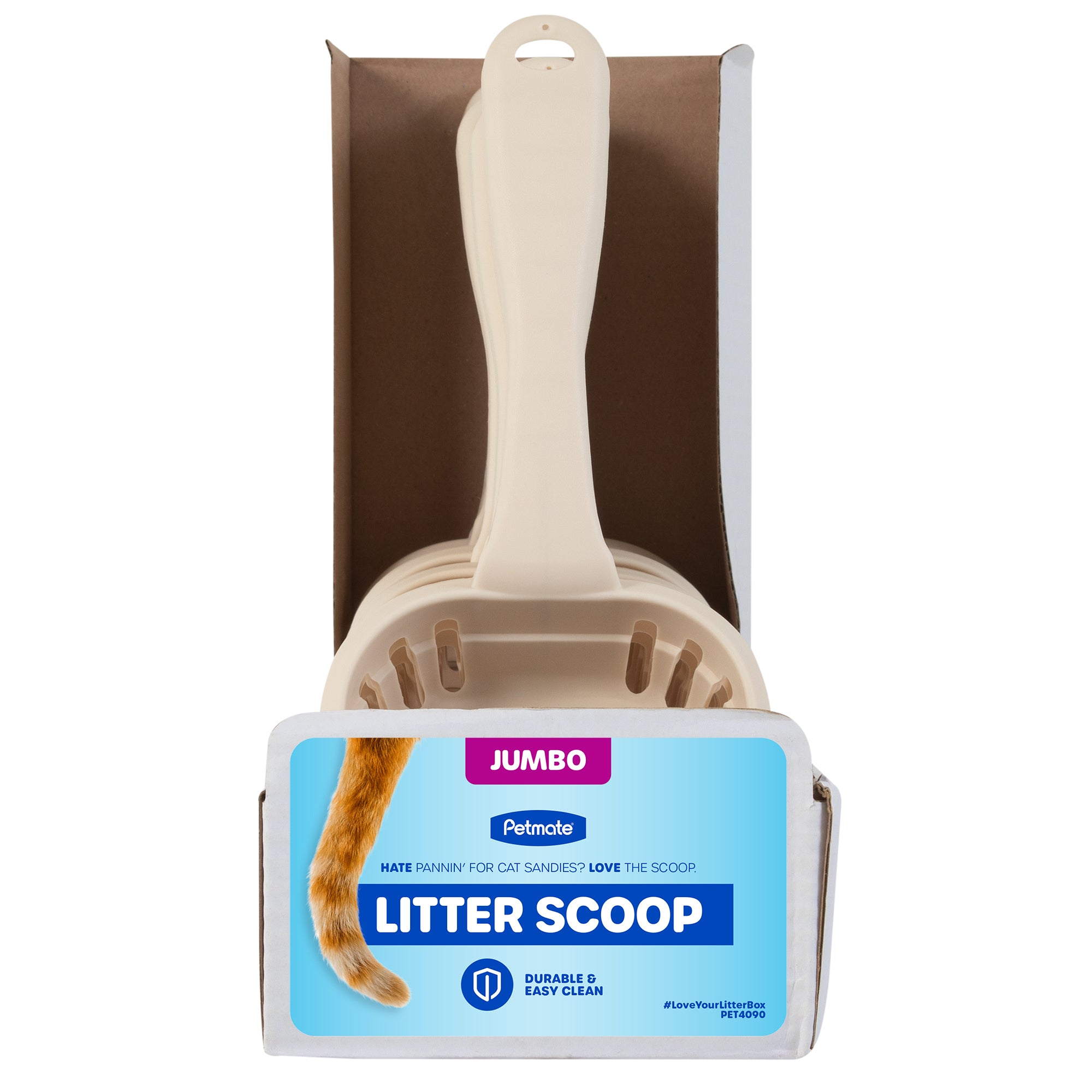 Front view of the Pet-mates Classic Litter Scoop in its packaging, featuring Jumbo Litter Scoop with a cats tail design. Made of durable plastic with antimicrobial protection, the handle extends above the open-top packaging.