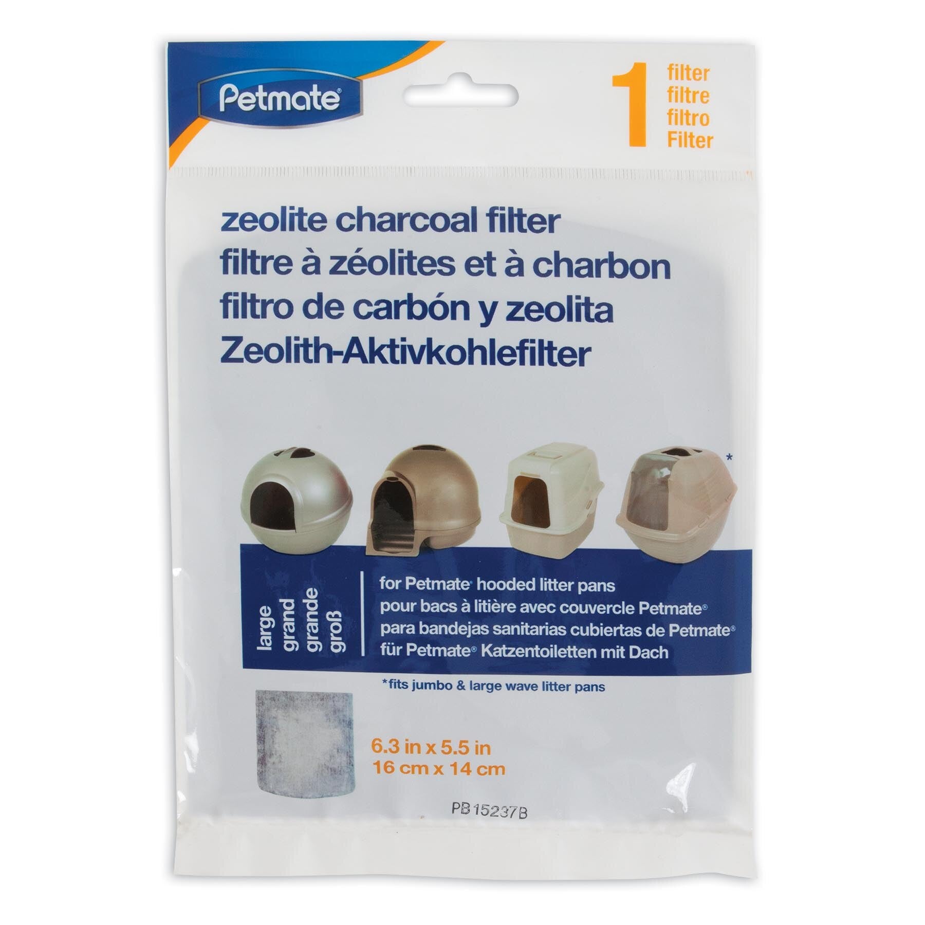 The Pet-mates Zeolite Filter for Large Hooded Litter Pans, shown in packaging with diverse litter pan images, measures 6.3 x 5.5 inches (16 x 14 cm), perfect for your cats needs.