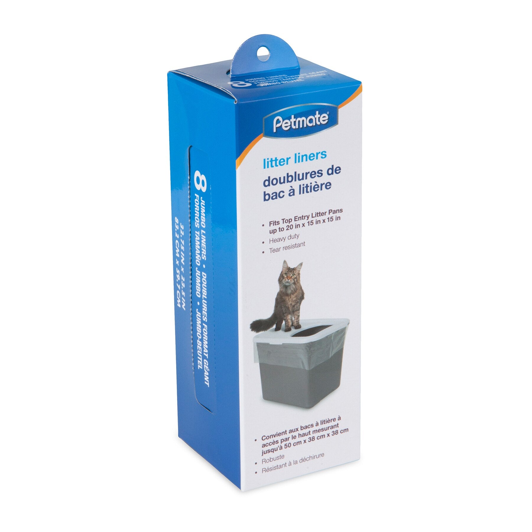 A blue and white Pet-mates Top Entry Litter Box Liners package features a cat on a litter box, highlighting heavy-duty tear-resistant liners for easy cleanup and compatibility with the Top Entry design.