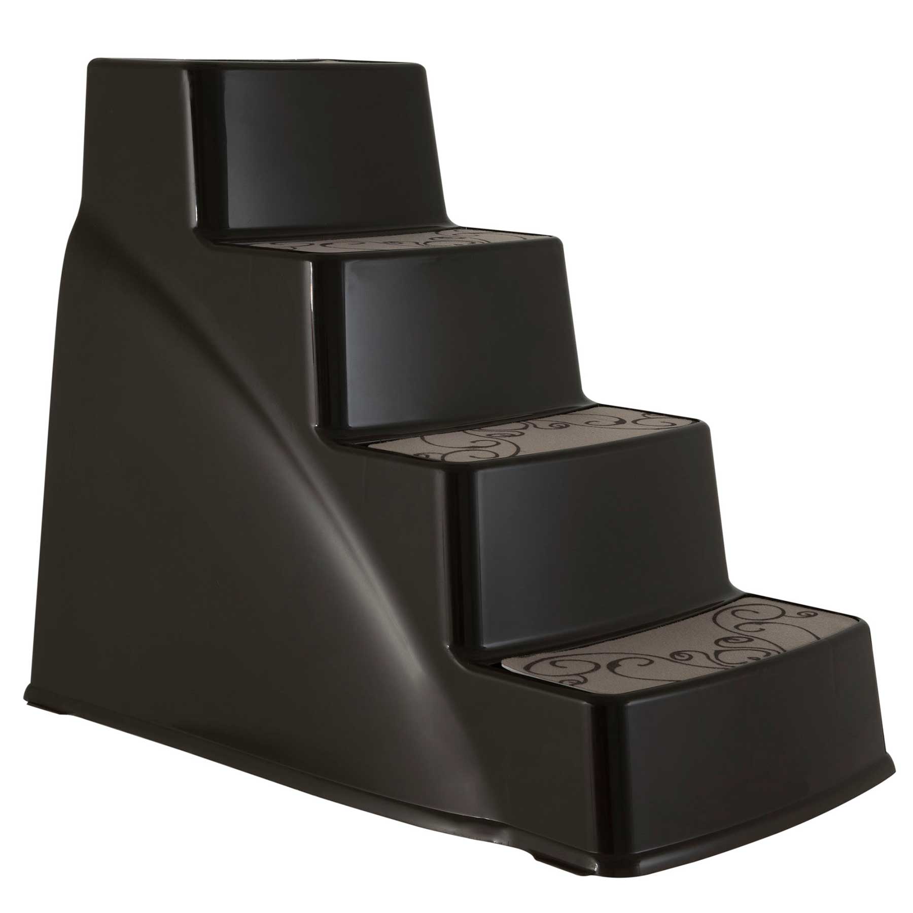 The Pet-mates Pet Steps by Pet-mates are lightweight, black plastic stairs with four non-slip steps featuring a decorative swirl pattern, perfect for helping pets safely reach high surfaces like couches or beds.