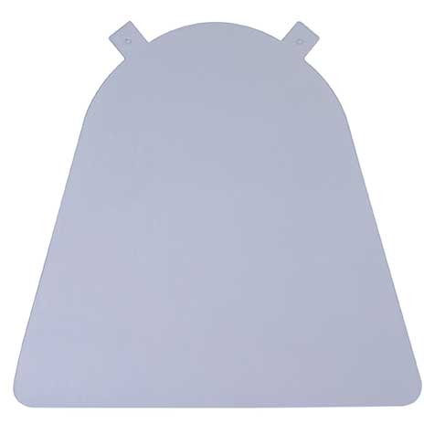 The Pet-mates Indigo Door is a flat, gray, plastic protector made of heavy-duty flexible vinyl. It features a curved top, tapered sides, two tabs with holes for attachment, and a smooth surface for a simple and utilitarian design.