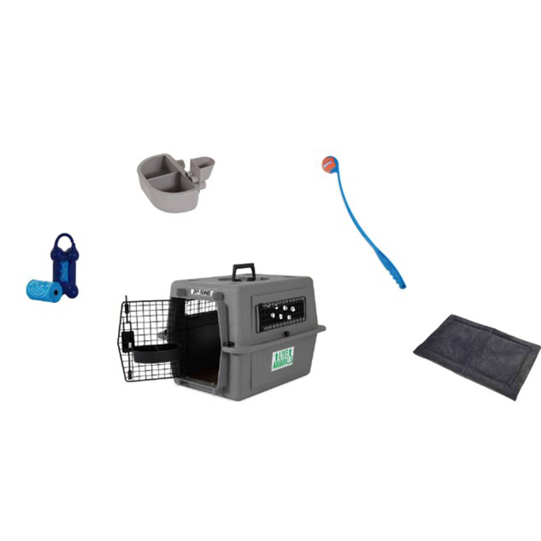 The Pet-mates Essential New Dog Bundle includes a gray pet carrier with an open wire door, a portable water bottle, dual food bowl, ball launcher with ball, waste bag set, and is accompanied by a cozy black pet bed.