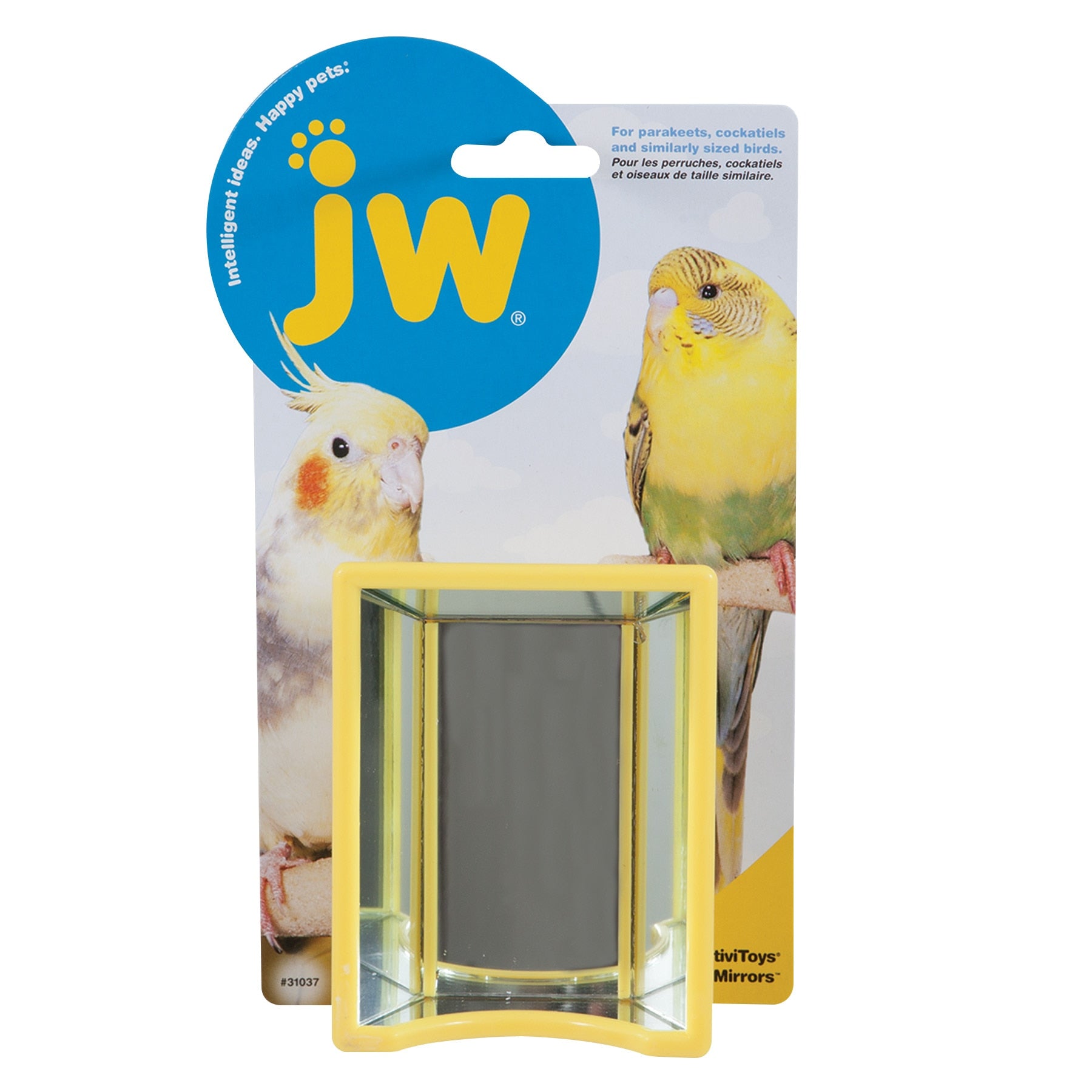 The JW Hall Of Mirrors Bird Toy by Jw features vibrant yellow and grey packaging with images of a cockatiel and a budgerigar, highlighting its benefits for pet bird entertainment and ensuring hours of engaging fun.