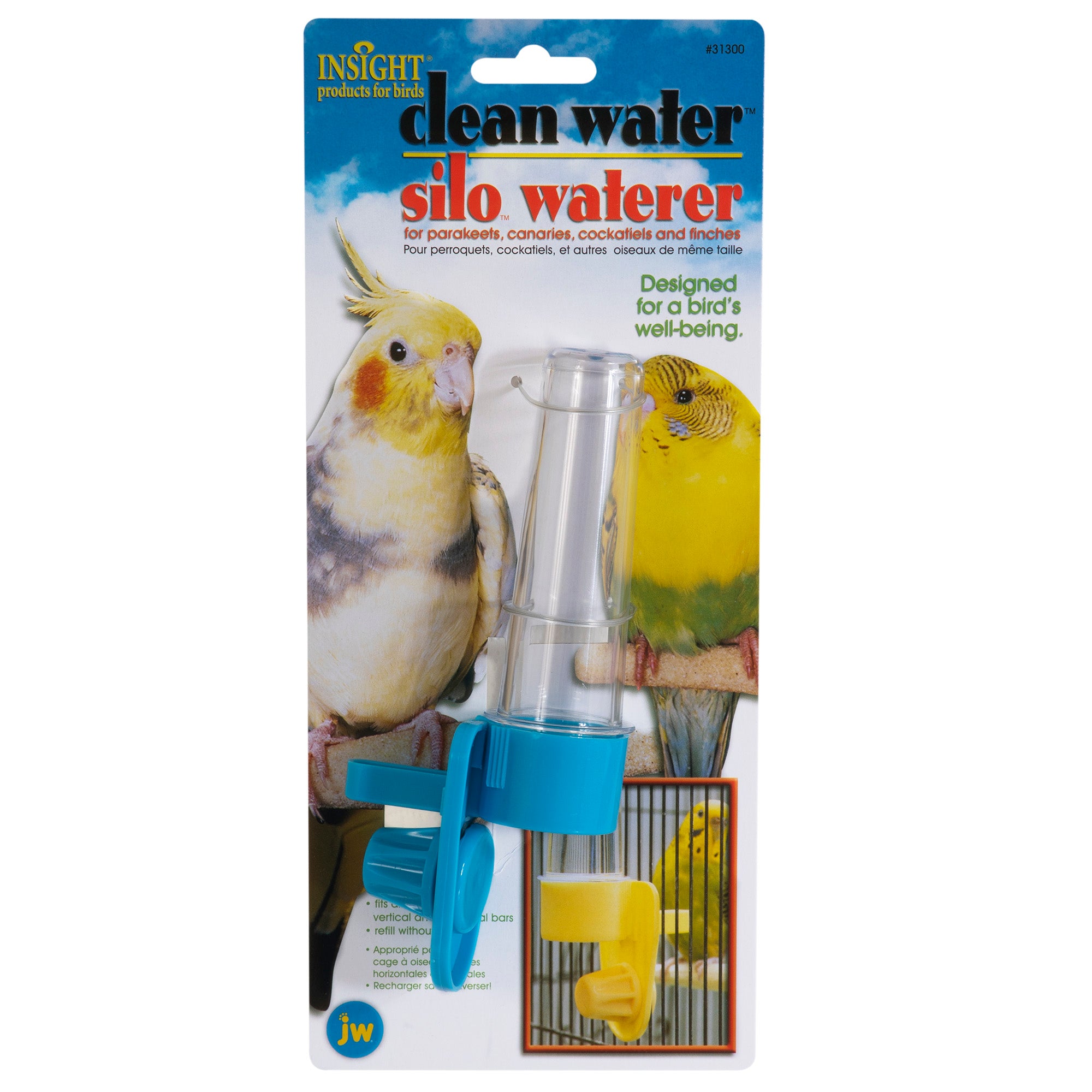 The JW Clean Water Silo Bird Waterers packaging depicts a cockatiel and a yellow parakeet, featuring a clear tube with a no-spill valve and blue clip. Designed for avian well-being, it provides clean water effortlessly.