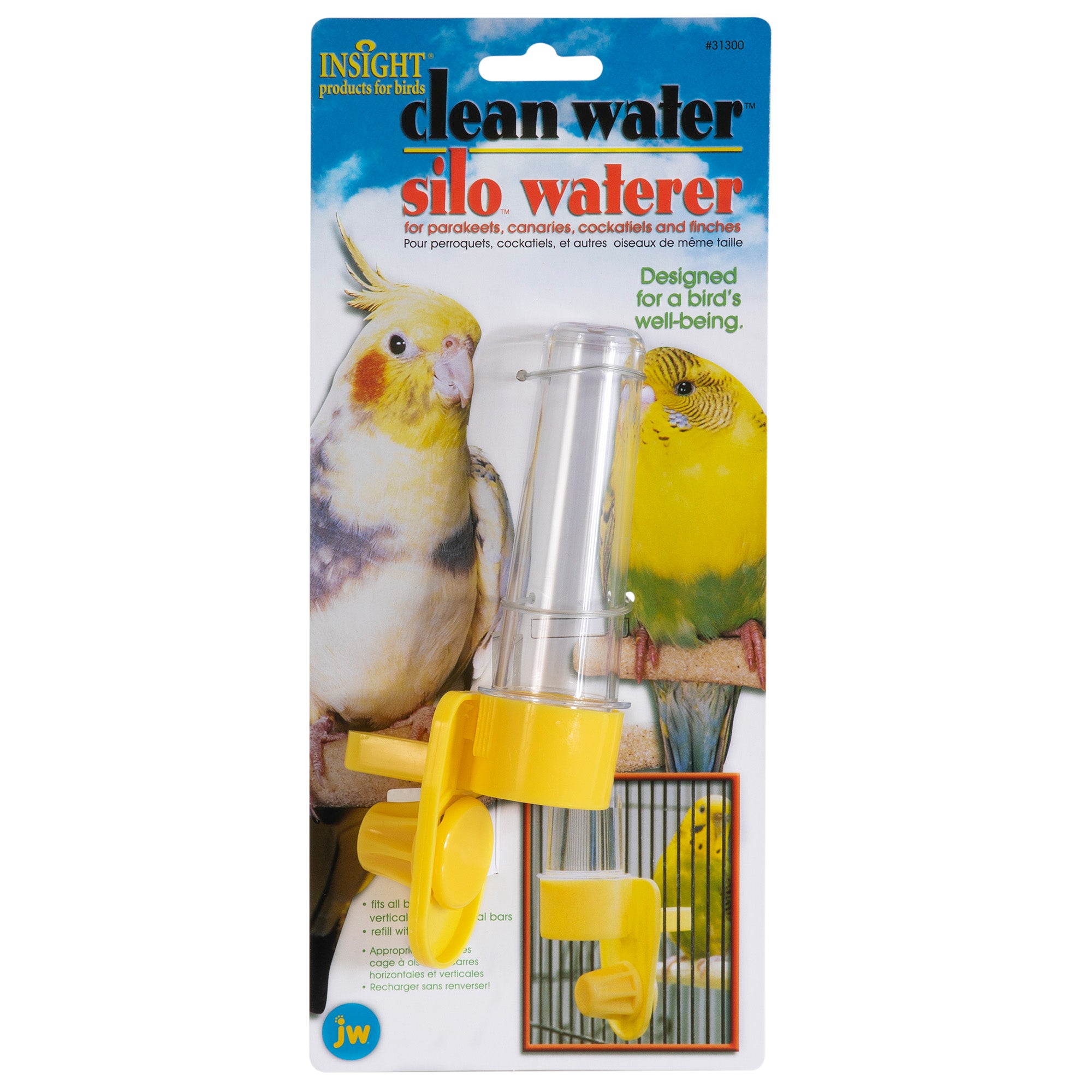 The JW Clean Water Silo Bird Waterer for parakeets features a clear silo with a yellow base, images of a cockatiel and budgie, and text highlighting its no-spill valve to promote bird well-being.