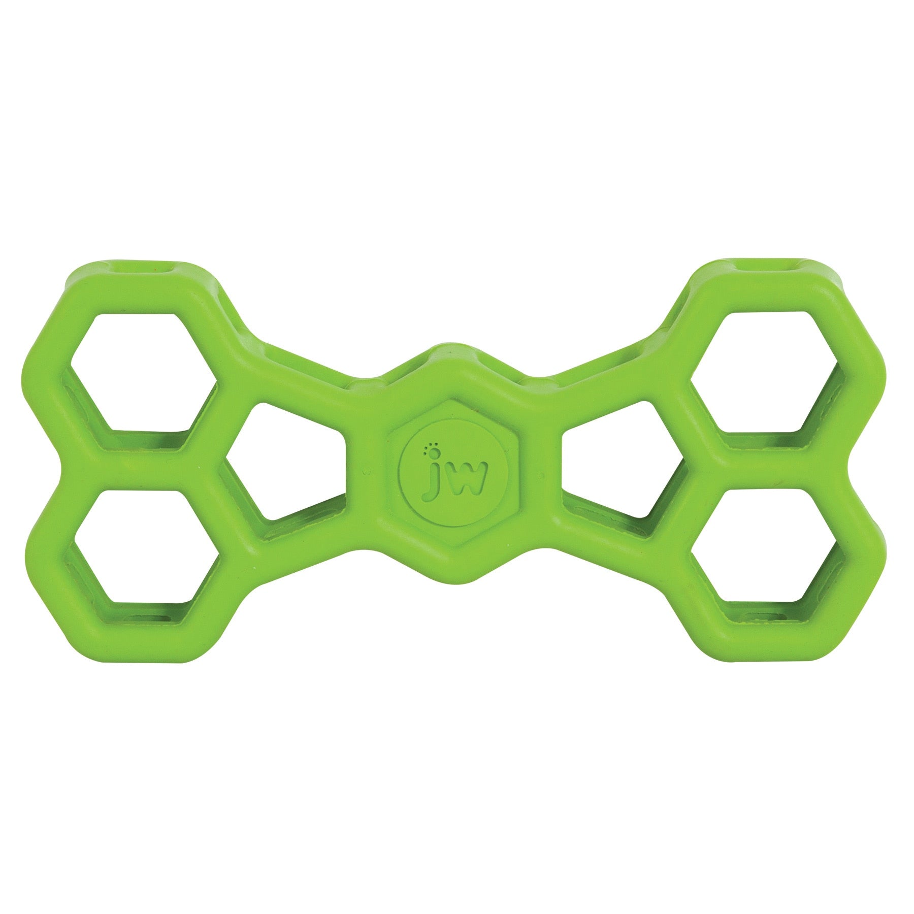 The JW Hol-ee Bone Puzzle Dog Toy by Jw is a green, hexagonal, honeycomb-shaped toy made from natural rubber. It features jw embossed in the center and has a dumbbell-like structure with open hexagonal patterns, offering an engaging chew experience for dogs.